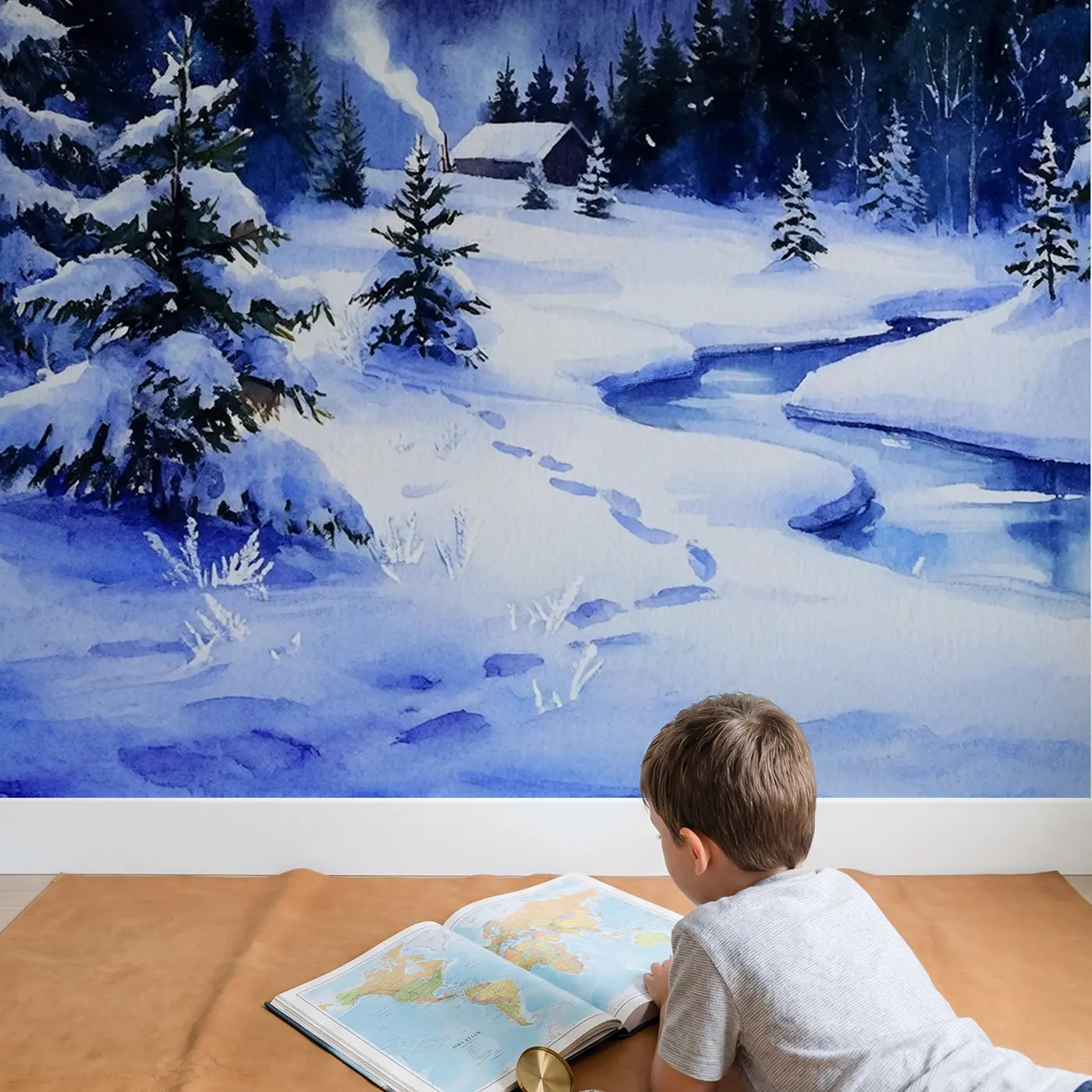 Child in nursery with Twilight Snow Mountain Forest Wallpaper Mural by Whimsy Tots