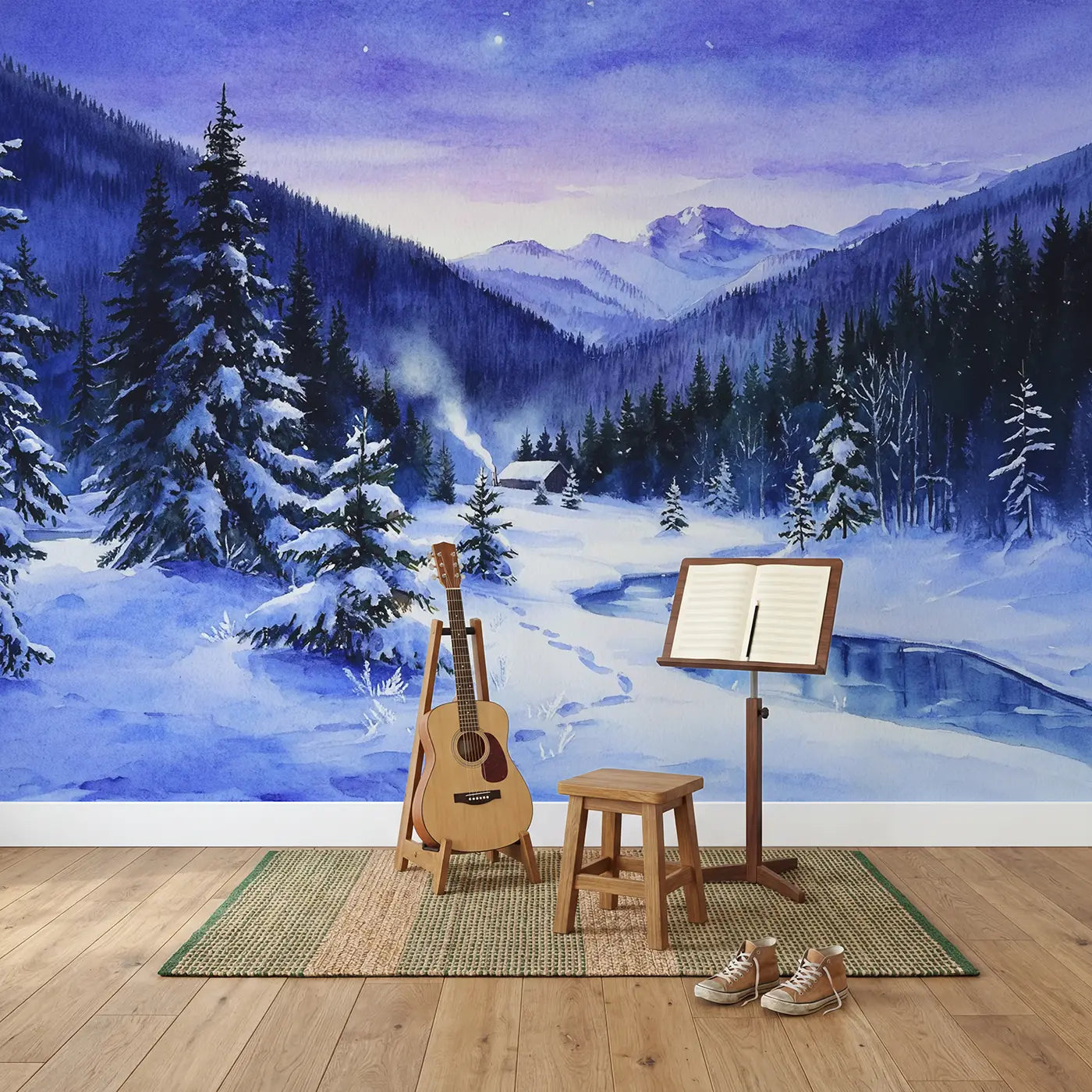 Twilight Snow Mountain Forest Wallpaper Mural in playroom setting by Whimsy Tots