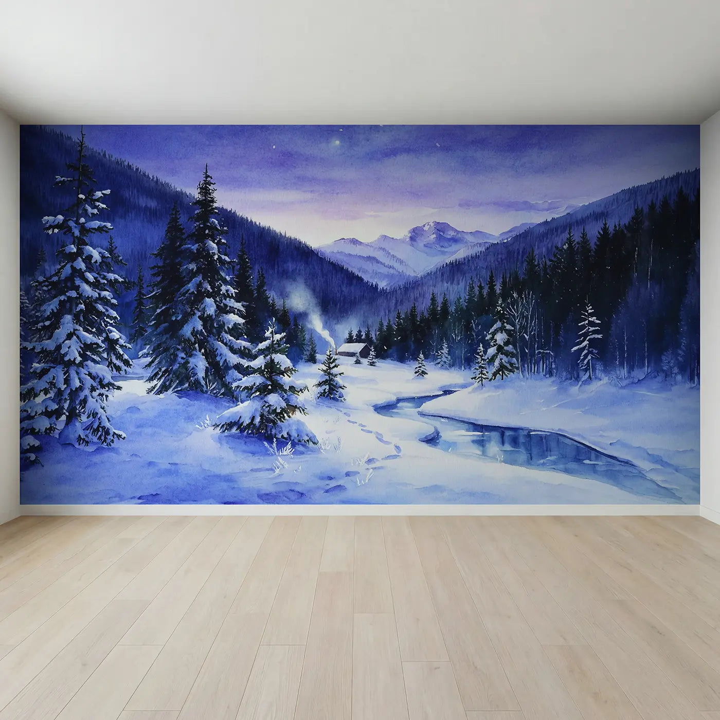 Full view of Twilight Snow Mountain Forest Wallpaper Mural by Whimsy Tots