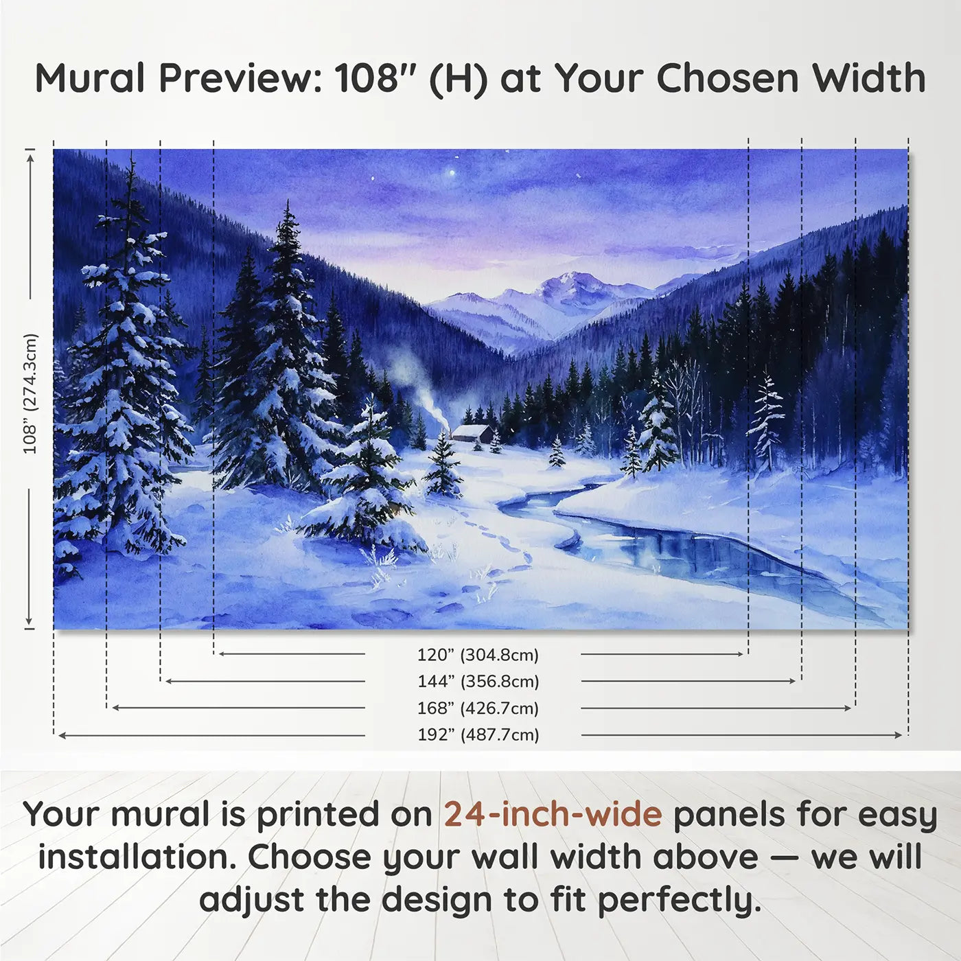 Panel layout and dimensions for Twilight Snow Mountain Forest Wallpaper Mural by Whimsy Tots