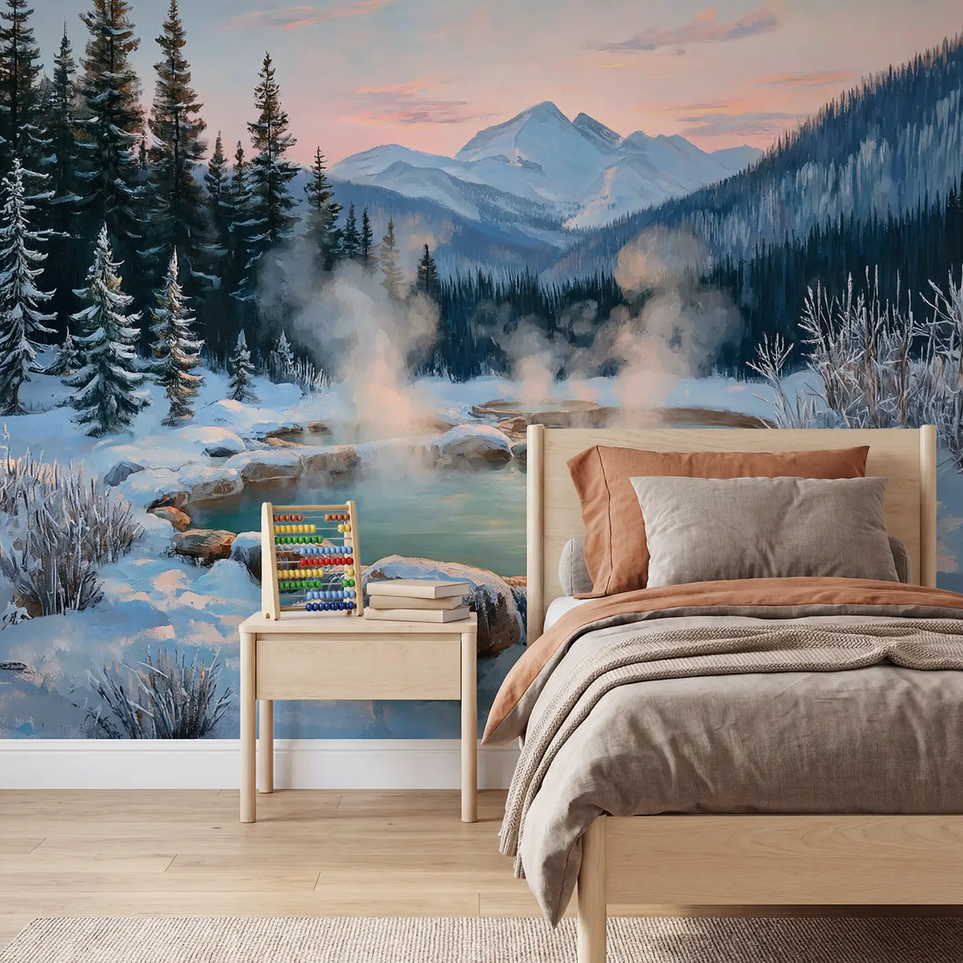 painted mountain hot springs mist wallpaper mural for kids room by Whimsy Tots