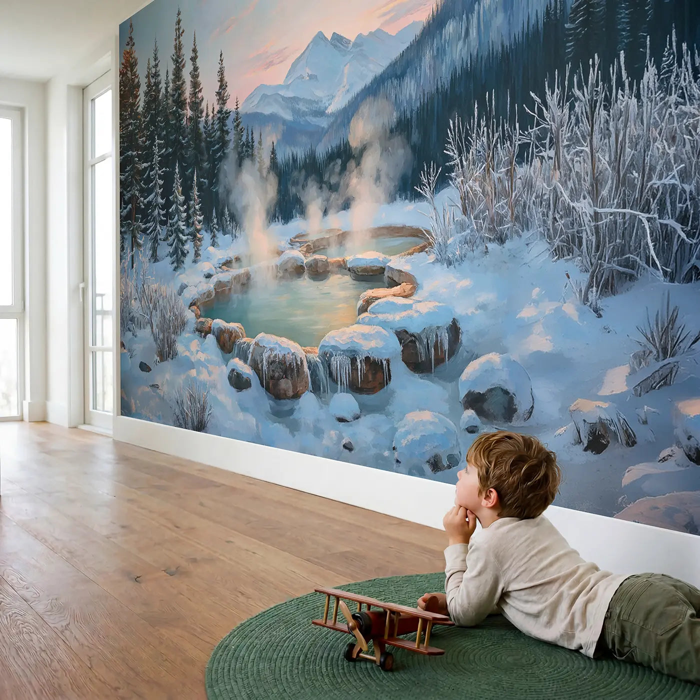 Child in nursery with Mountain Hot Springs Mist Wallpaper Mural by Whimsy Tots