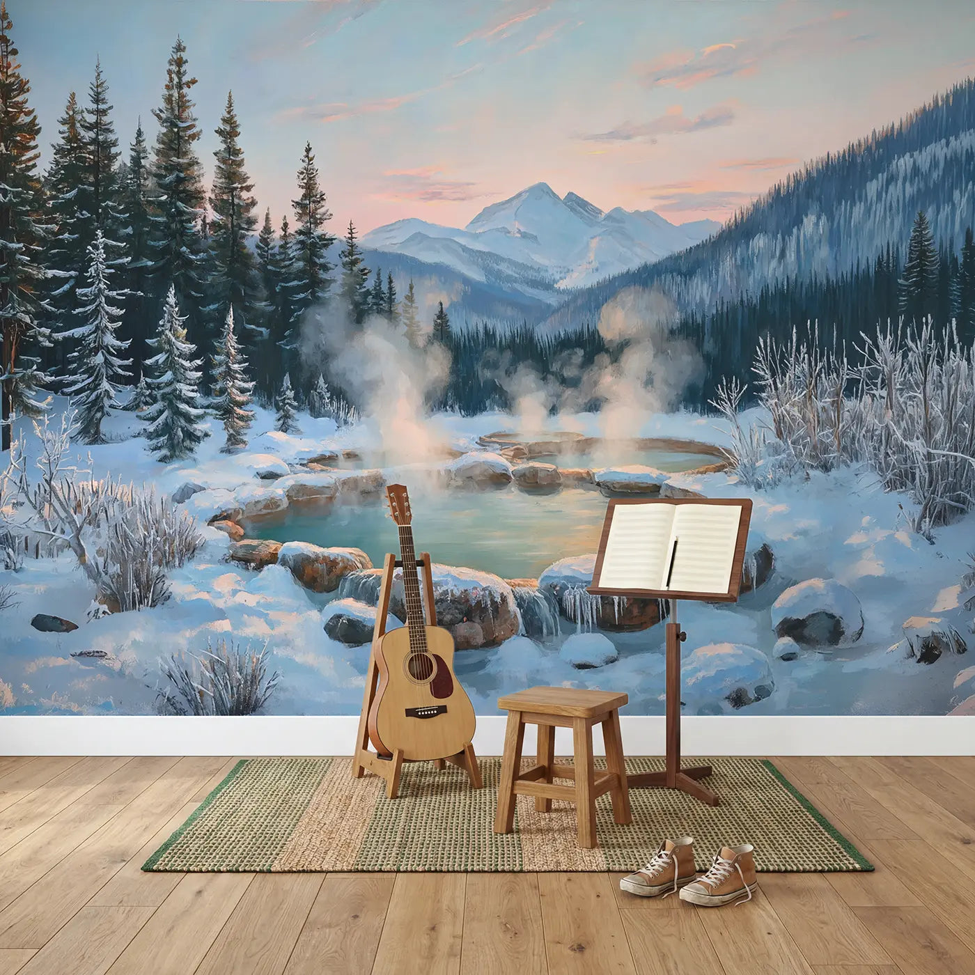 Mountain Hot Springs Mist Wallpaper Mural in playroom setting by Whimsy Tots