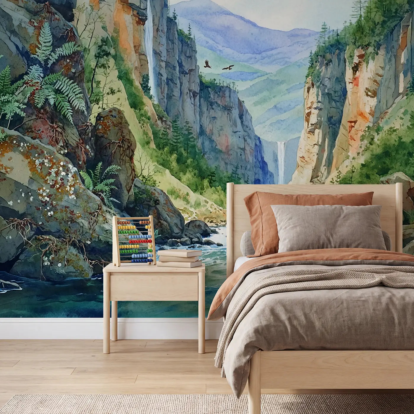 watercolor deep mountain gorge river wallpaper mural for kids room by Whimsy Tots