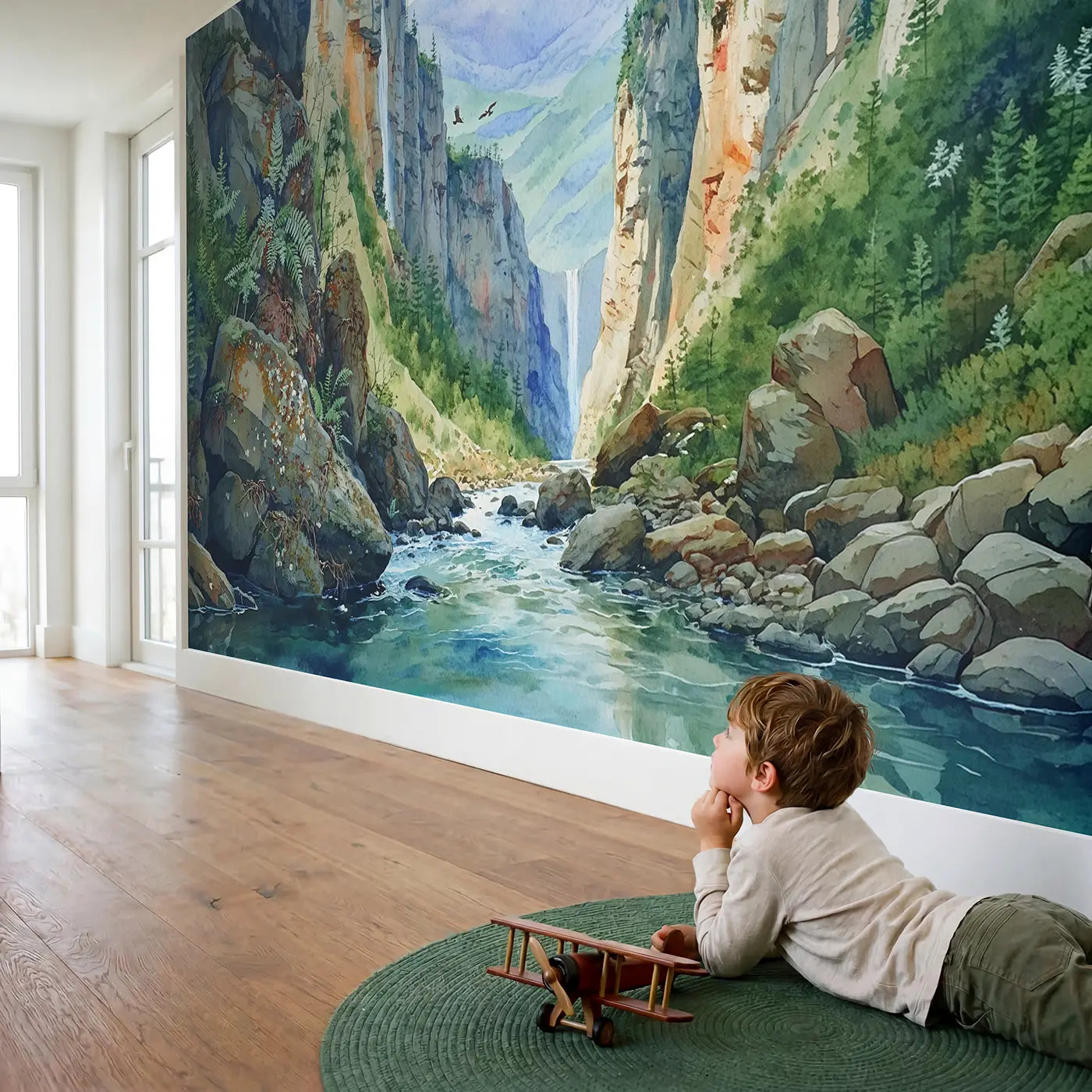 Child in nursery with Deep Mountain Gorge River Wallpaper Mural by Whimsy Tots