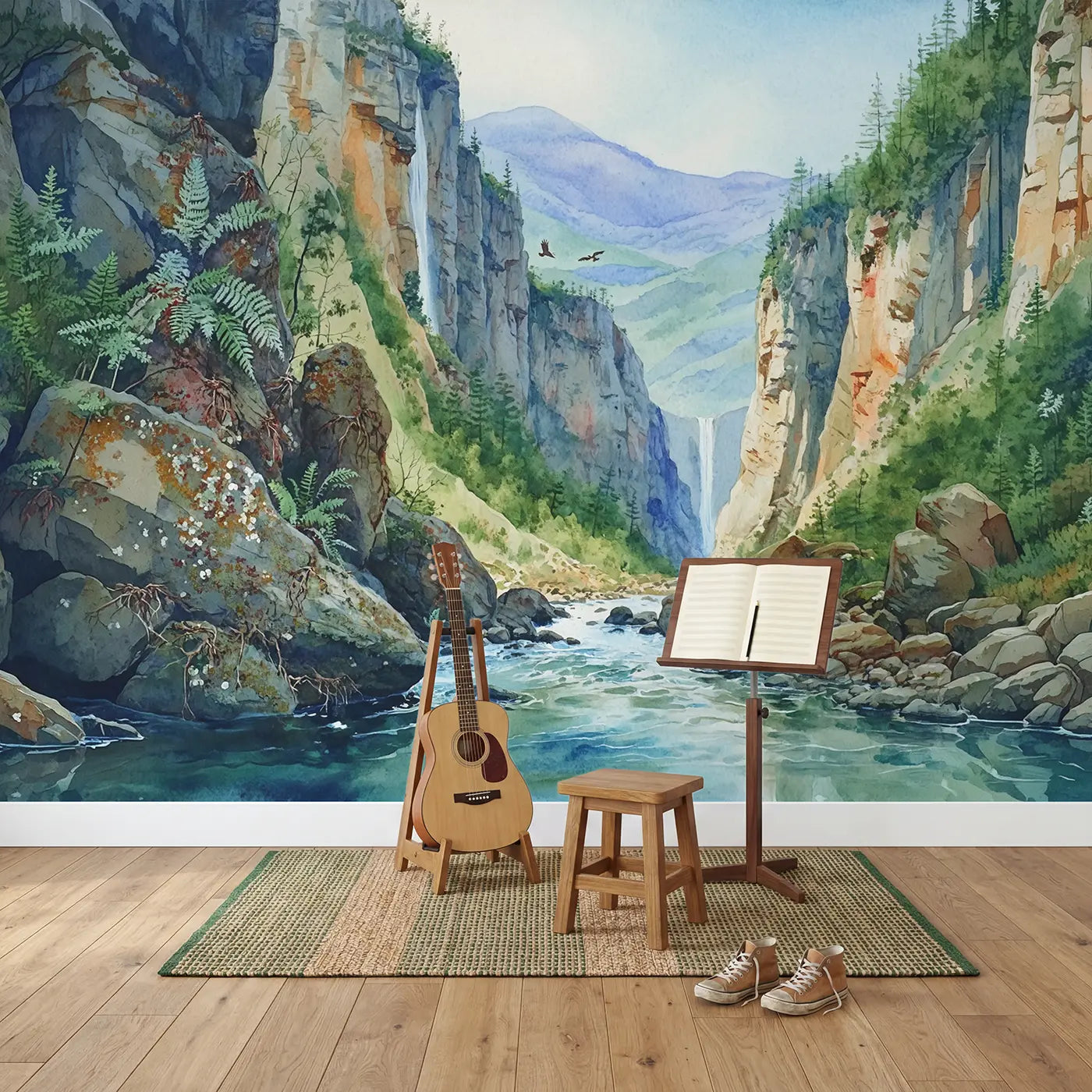 Deep Mountain Gorge River Wallpaper Mural in playroom setting by Whimsy Tots