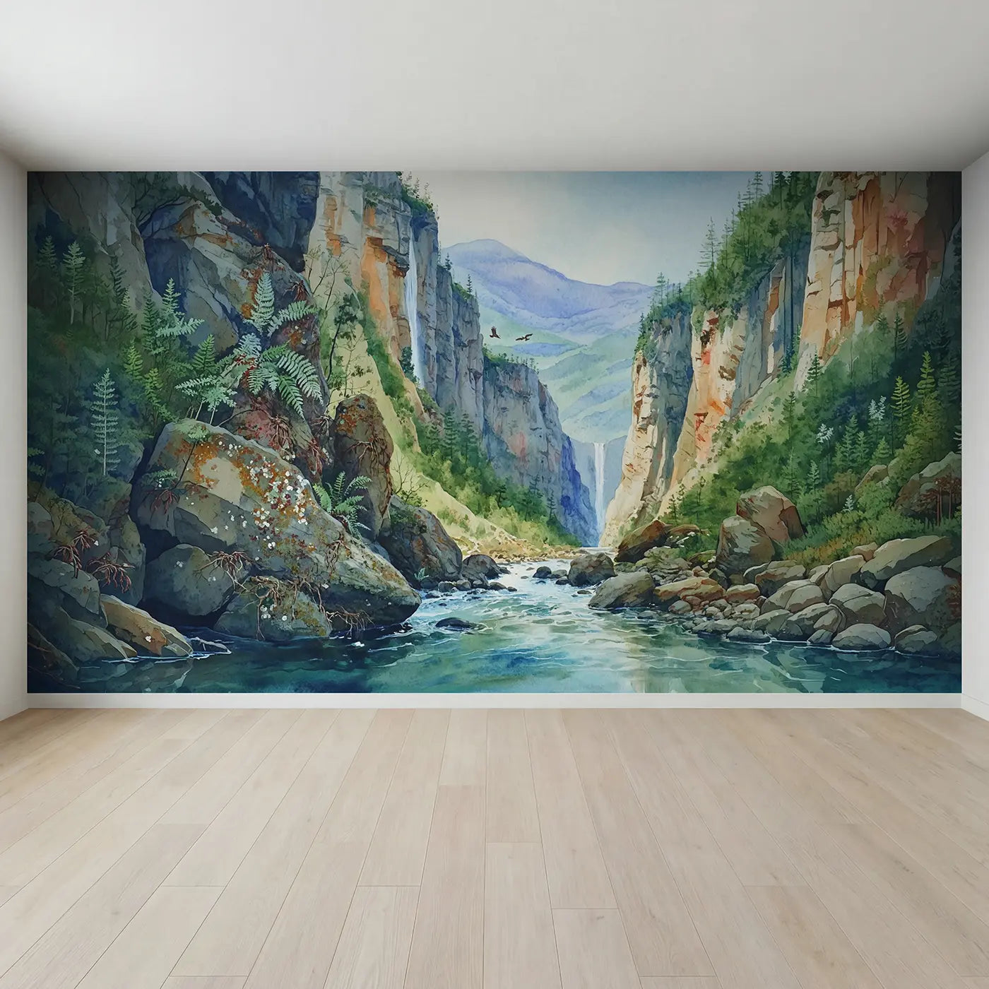 Full view of Deep Mountain Gorge River Wallpaper Mural by Whimsy Tots