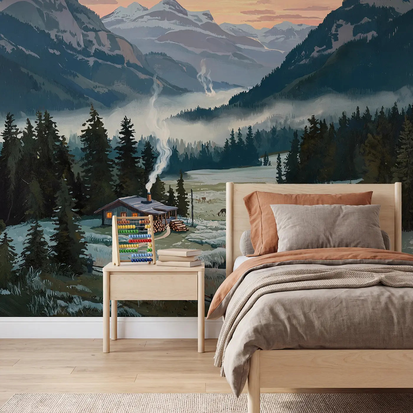 Modern Illustration mountain cabin valley wallpaper mural for kids room by Whimsy Tots