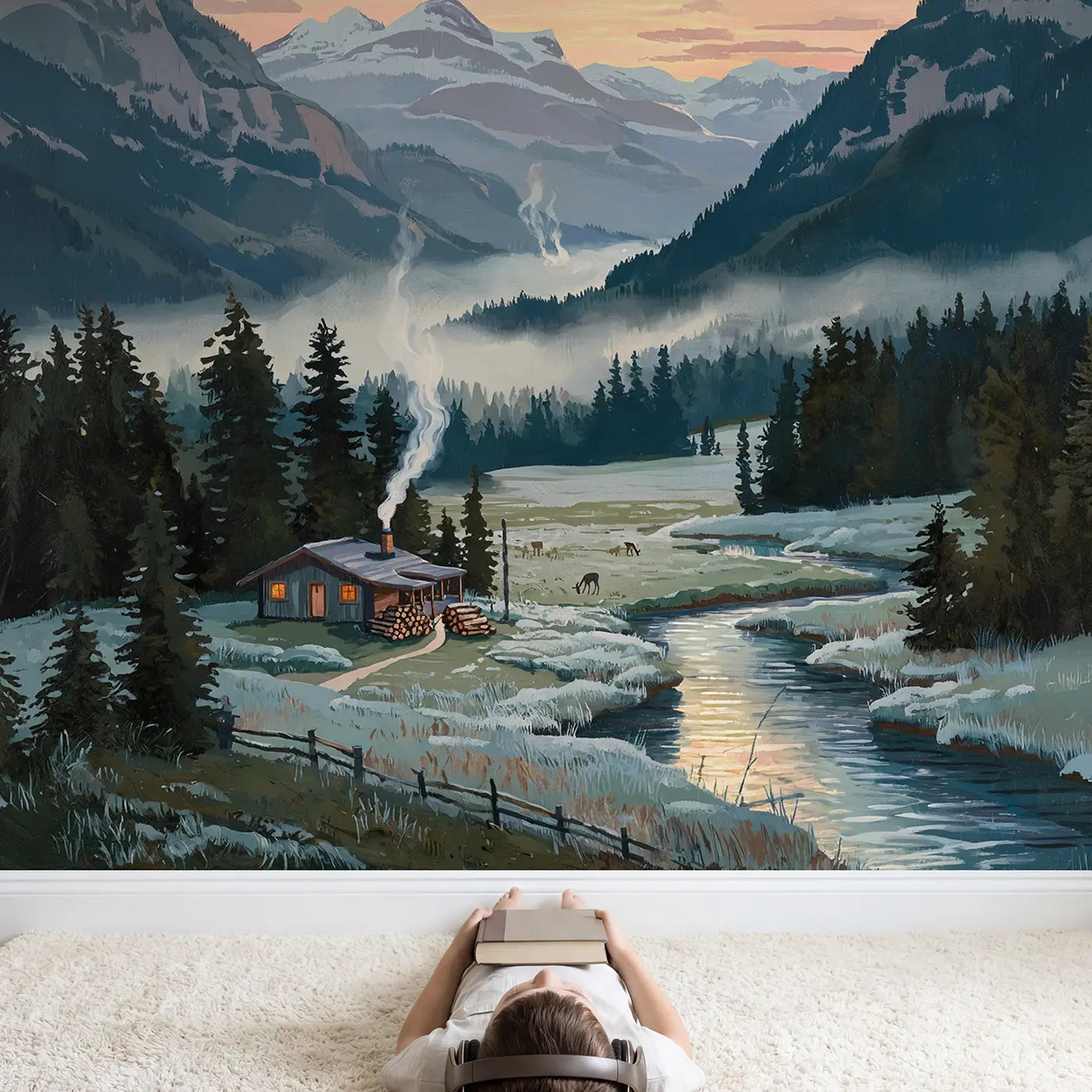 Child in nursery with Mountain Valley Cabin Dawn Smoke Wallpaper Mural by Whimsy Tots