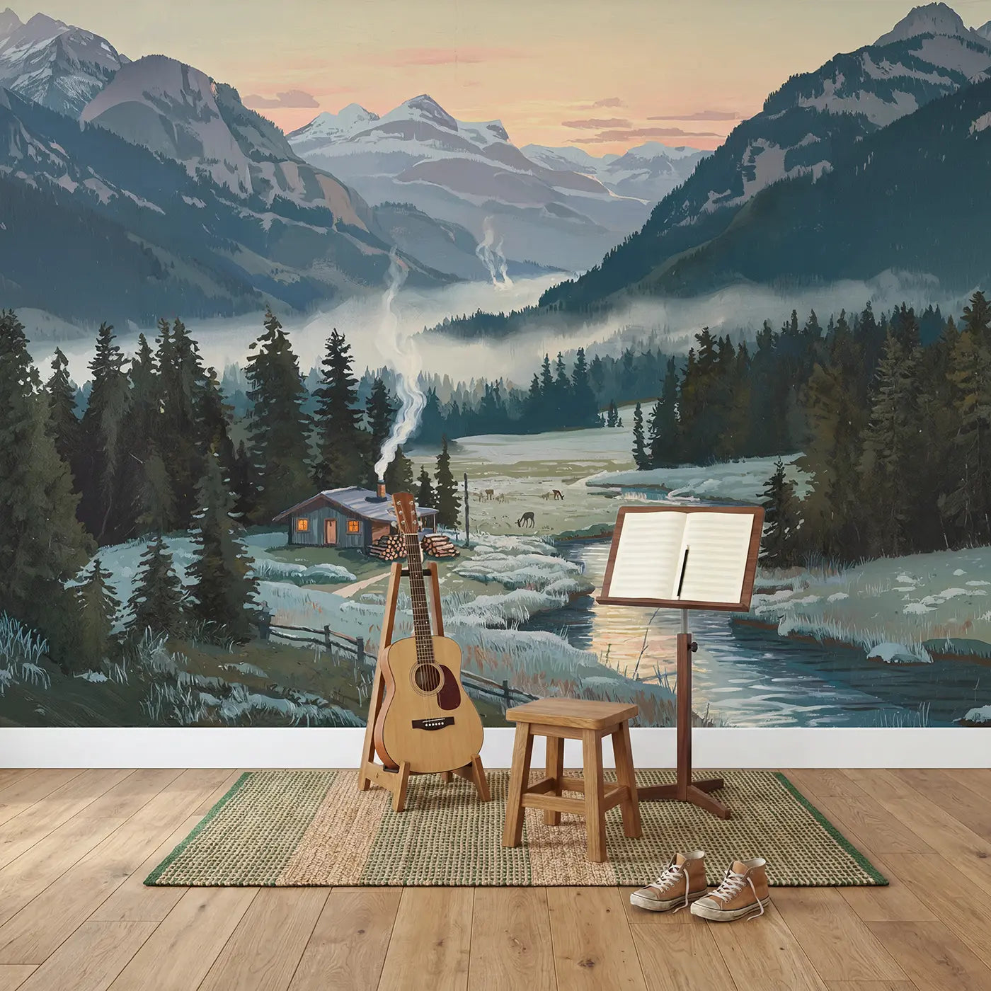 Mountain Valley Cabin Dawn Smoke Wallpaper Mural in playroom setting by Whimsy Tots