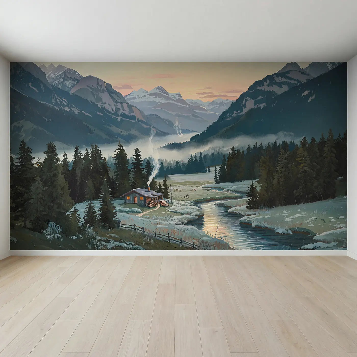 Full view of Mountain Valley Cabin Dawn Smoke Wallpaper Mural by Whimsy Tots