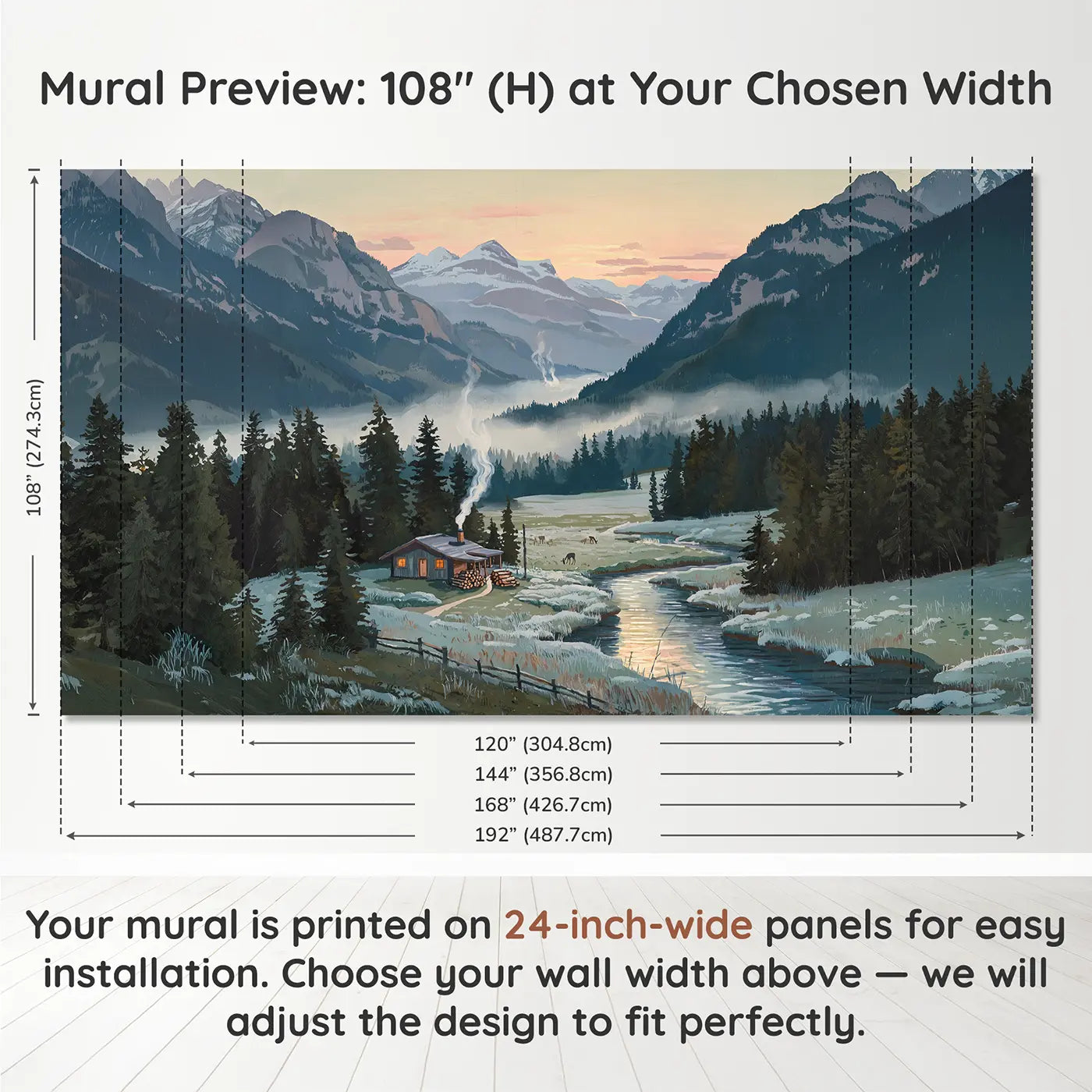 Panel layout and dimensions for Mountain Valley Cabin Dawn Smoke Wallpaper Mural by Whimsy Tots