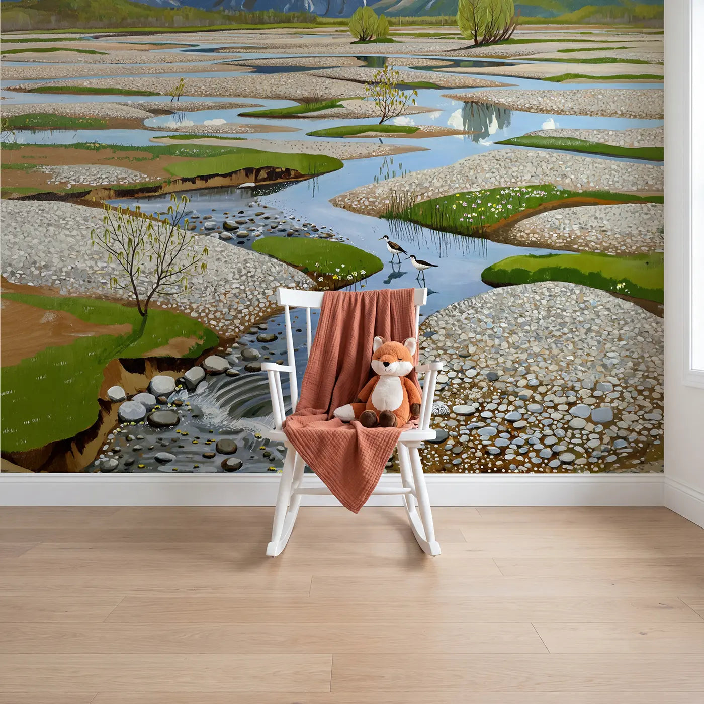 modern illustration mountain river mural for nursery by Whimsy Tots