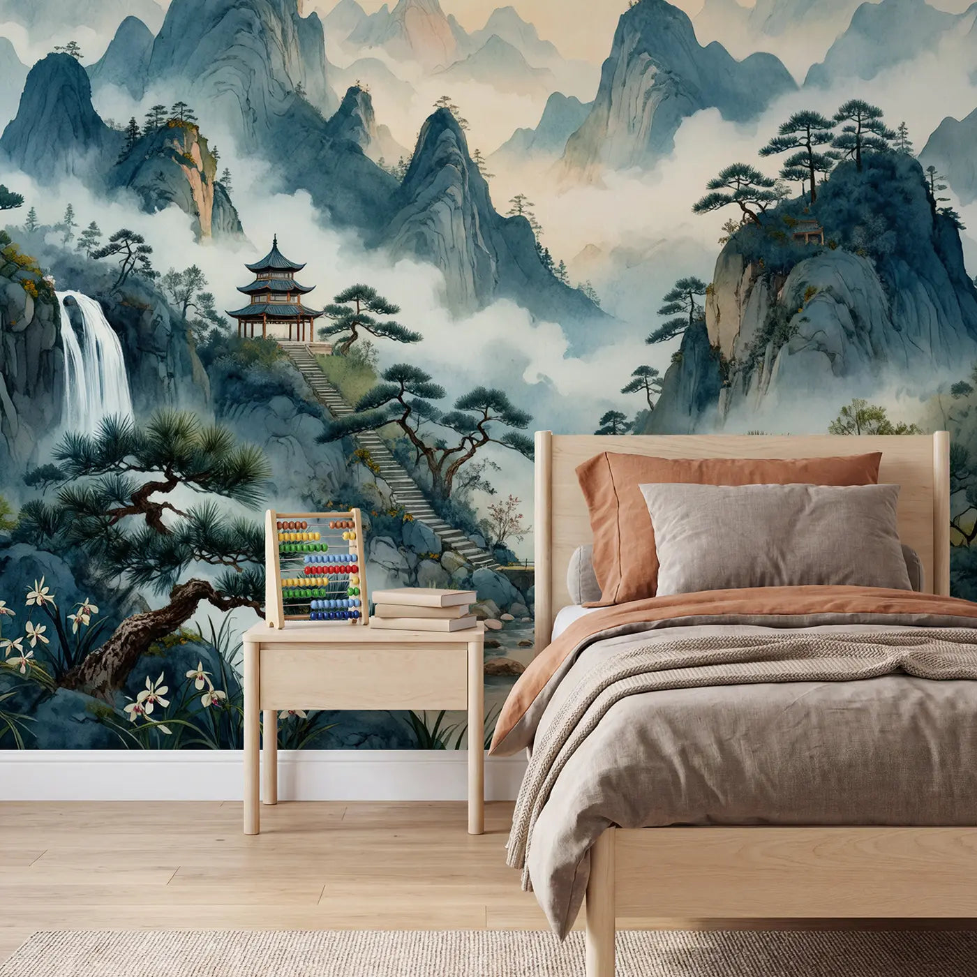 Watercolor mountain mountain landscape wallpaper mural for kids room by Whimsy Tots
