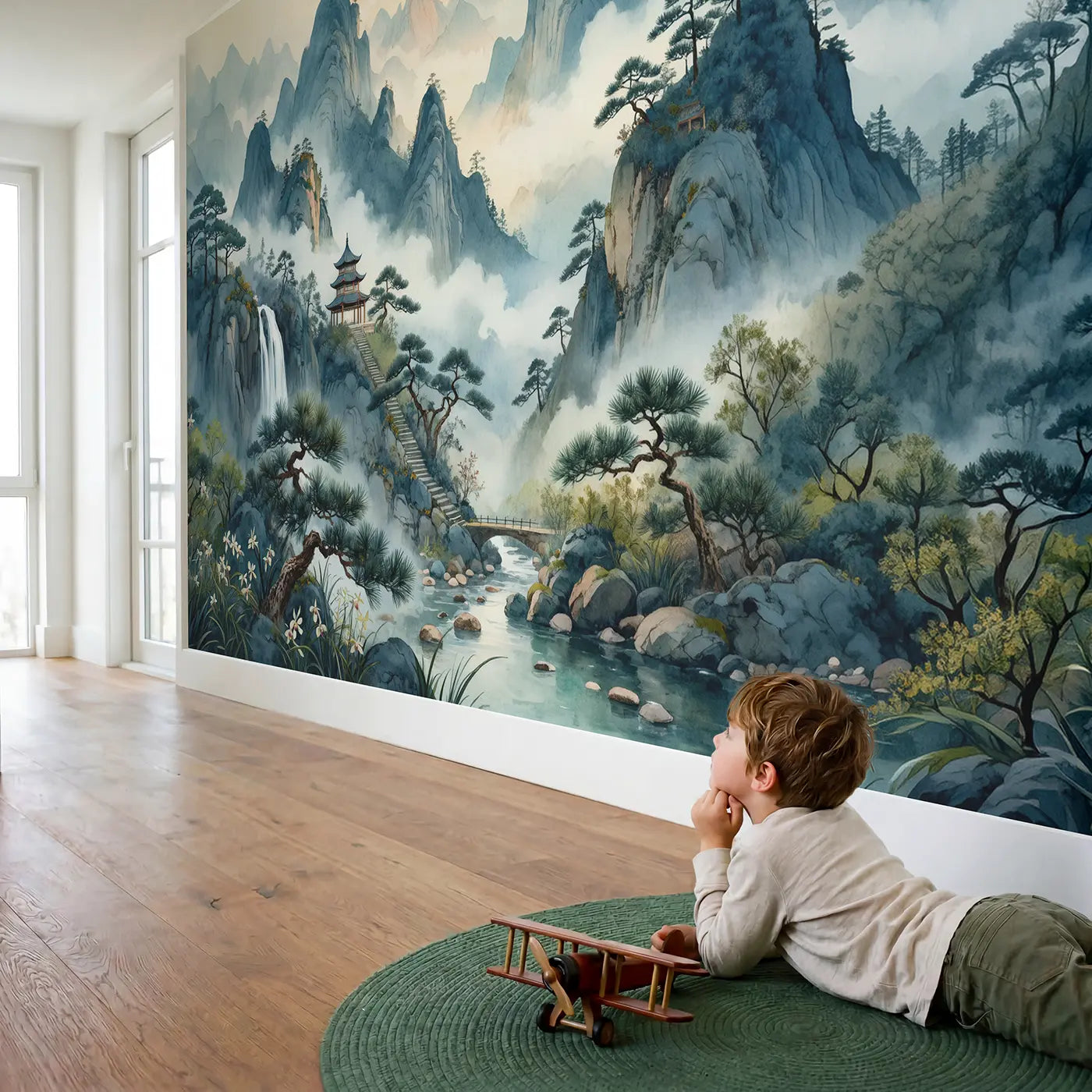 Child in nursery with Misty Mountain Pagoda Wallpaper Mural by Whimsy Tots