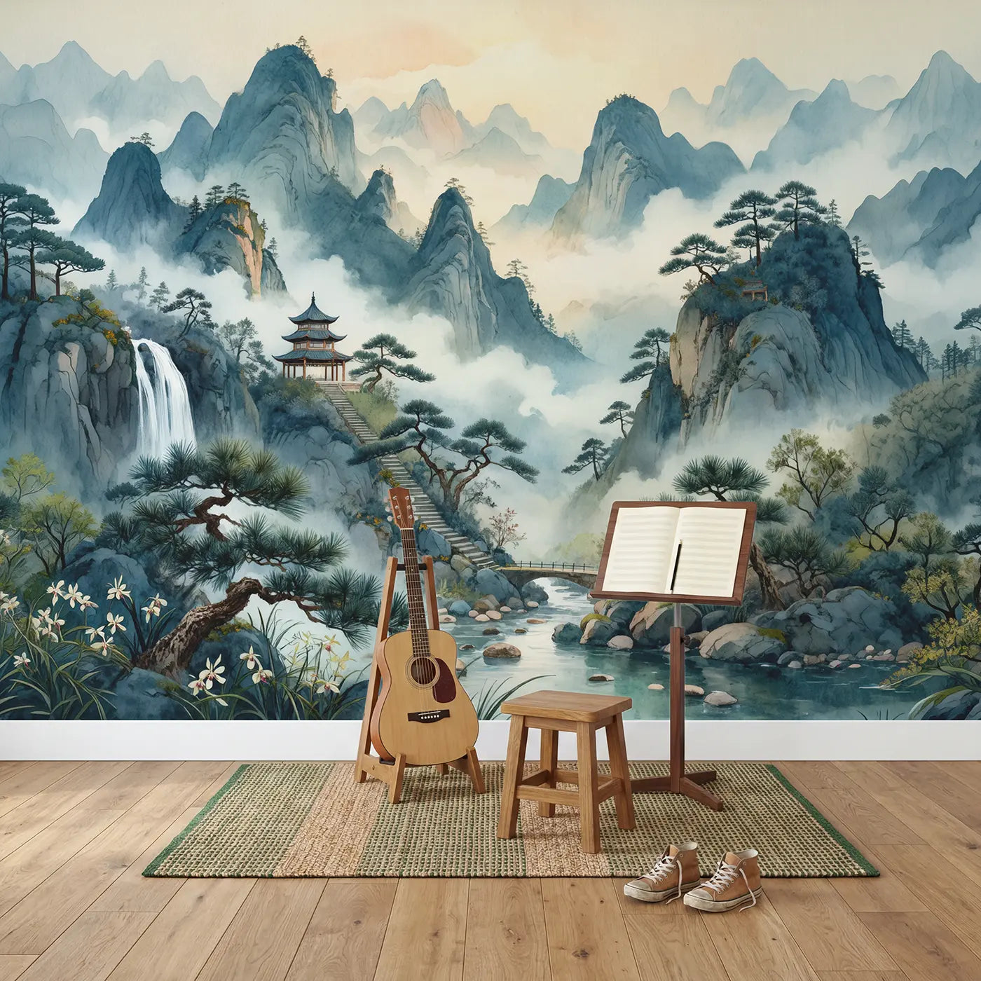 Misty Mountain Pagoda Wallpaper Mural in playroom setting by Whimsy Tots