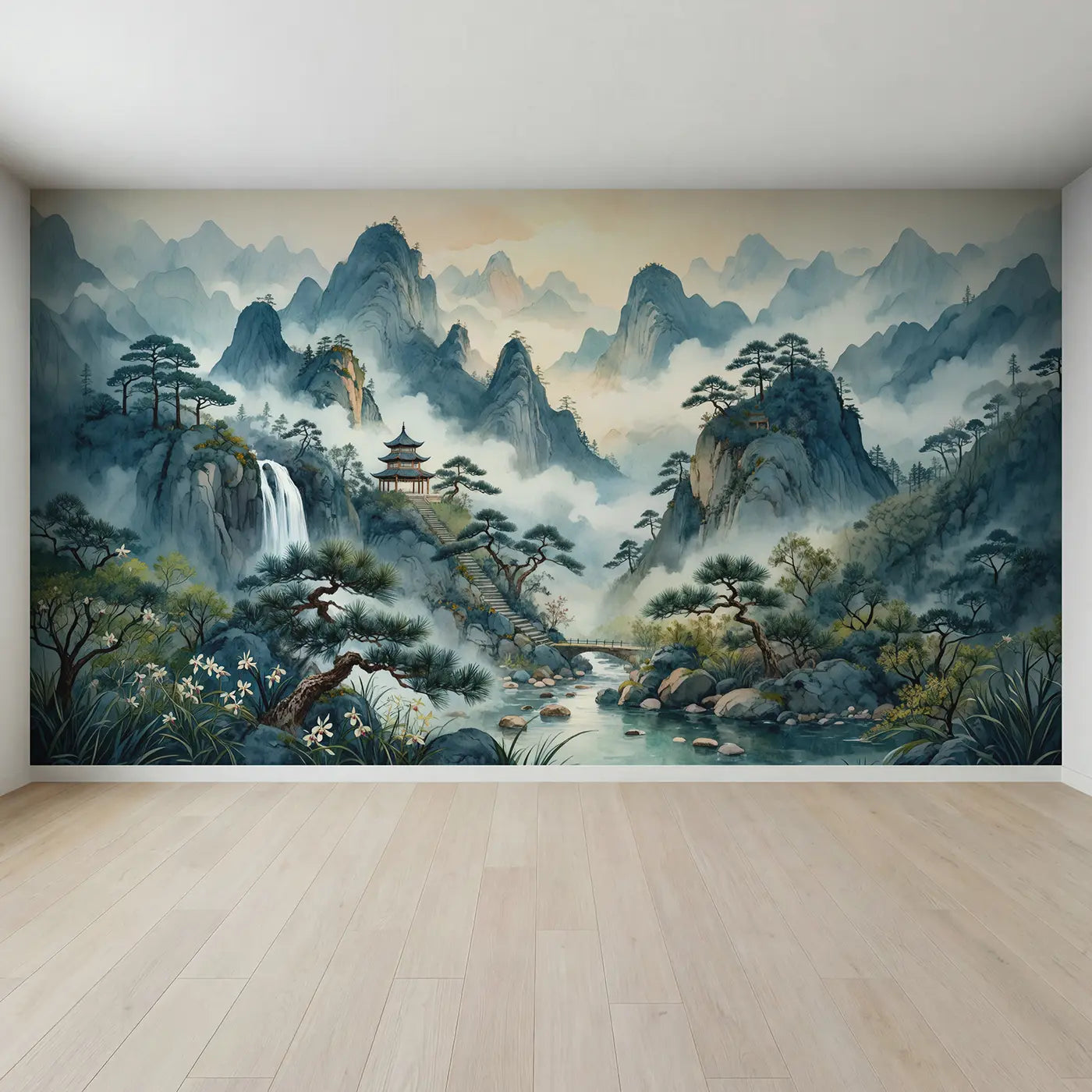 Full view of Misty Mountain Pagoda Wallpaper Mural by Whimsy Tots