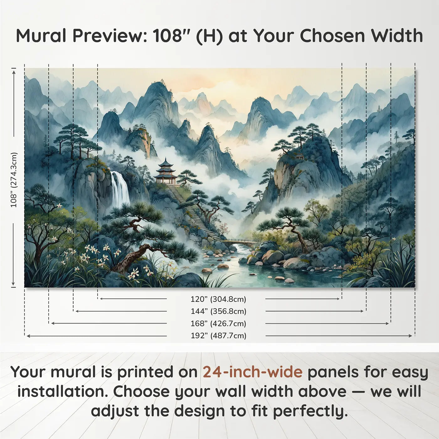Panel layout and dimensions for Misty Mountain Pagoda Wallpaper Mural by Whimsy Tots