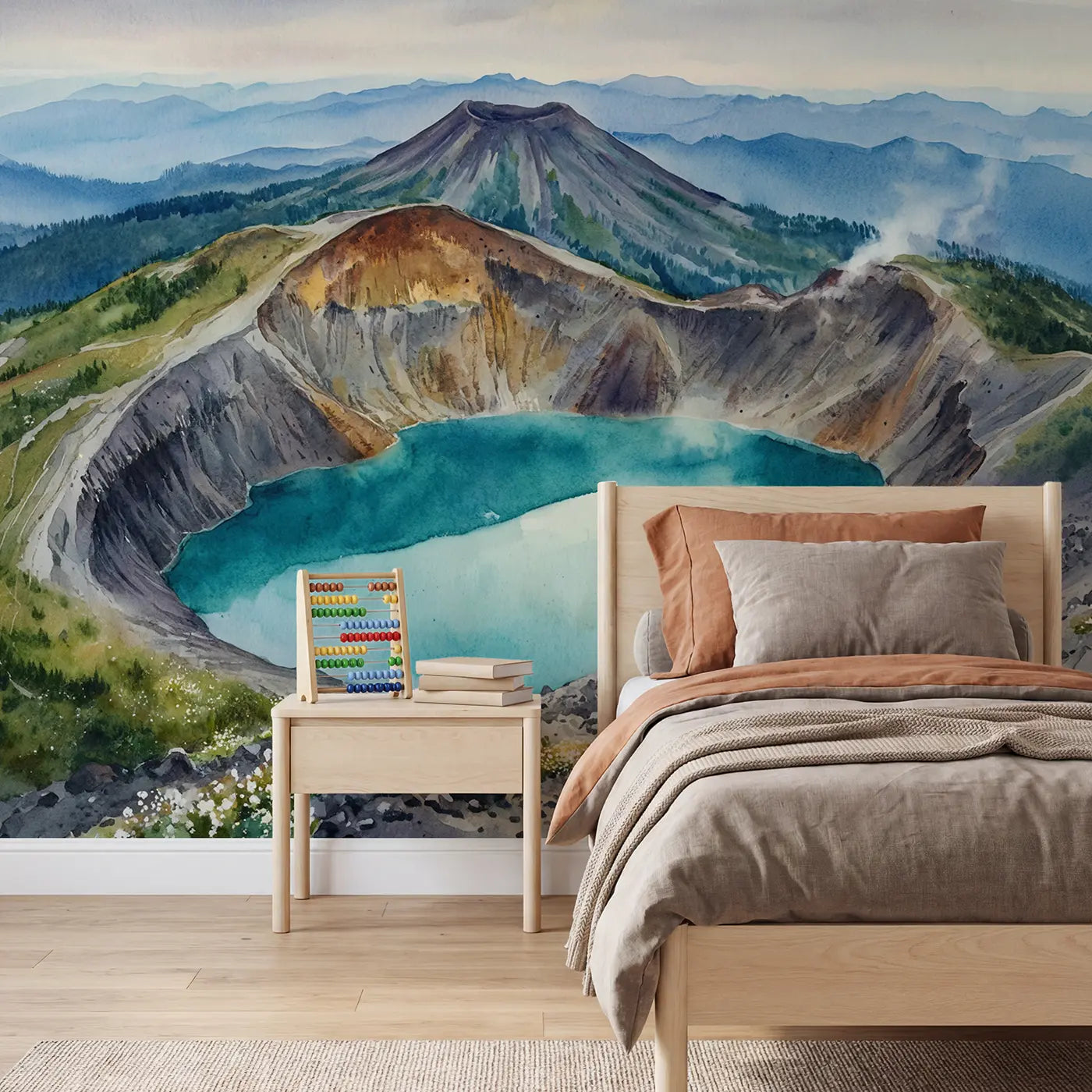 Watercolor crater lake volcano wallpaper mural for kids room by Whimsy Tots