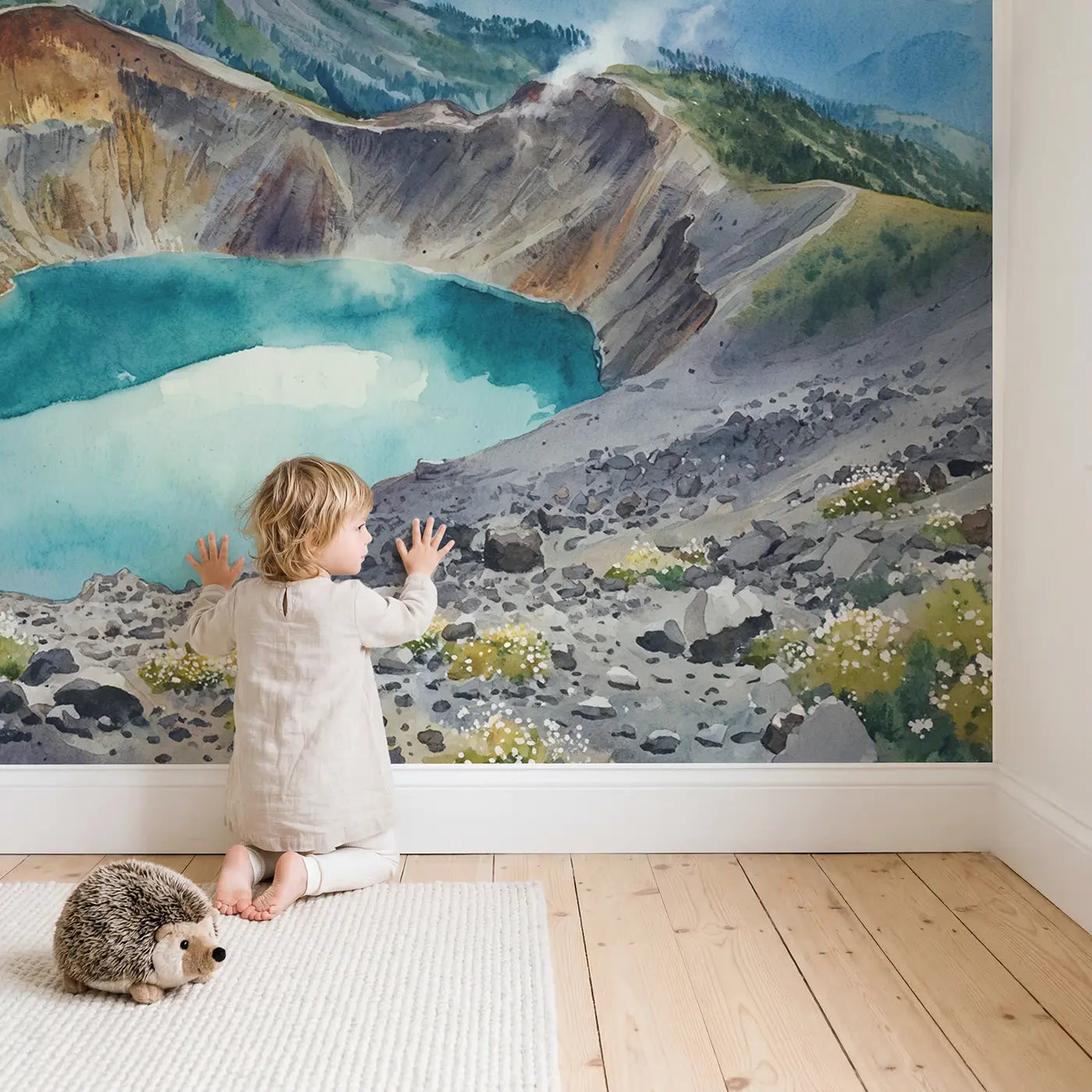 Child in nursery with Crater Lake Volcano Wallpaper Mural by Whimsy Tots