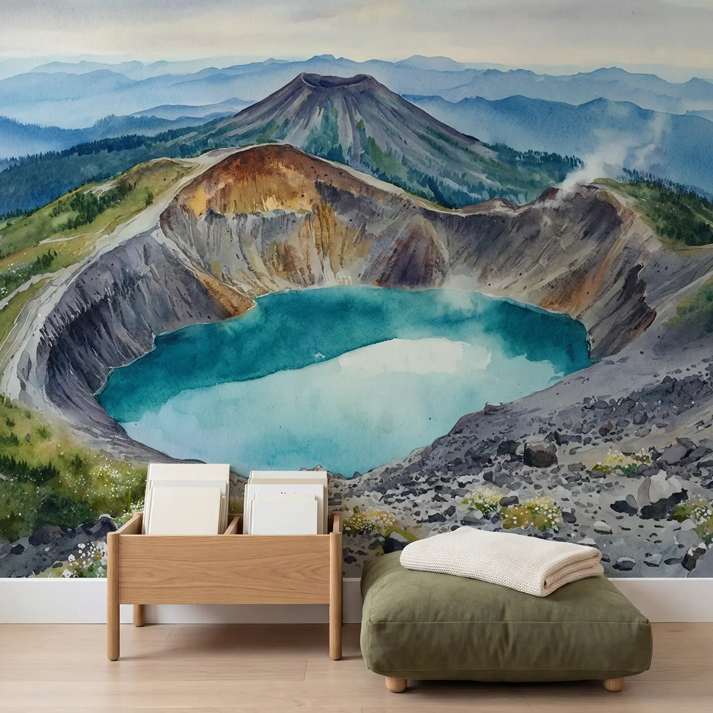 Crater Lake Volcano Wallpaper Mural in playroom setting by Whimsy Tots