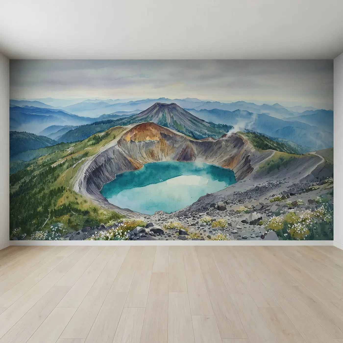 Full view of Crater Lake Volcano Wallpaper Mural by Whimsy Tots