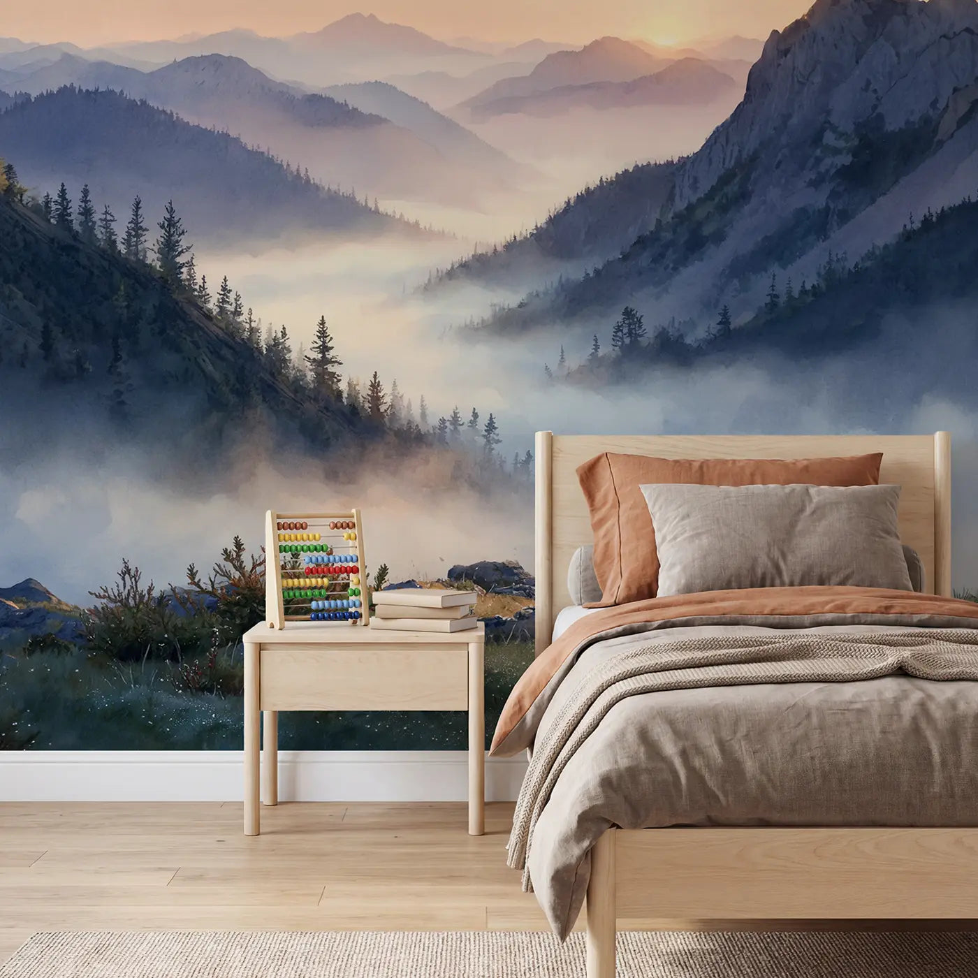 Watercolor mountain mountain landscape wallpaper mural for kids room by Whimsy Tots