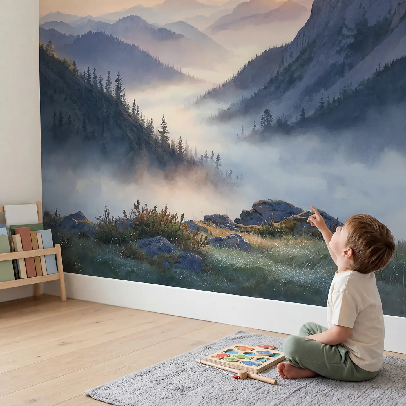 Child in nursery with Valley Fog Mountain Dawn Wallpaper Mural by Whimsy Tots
