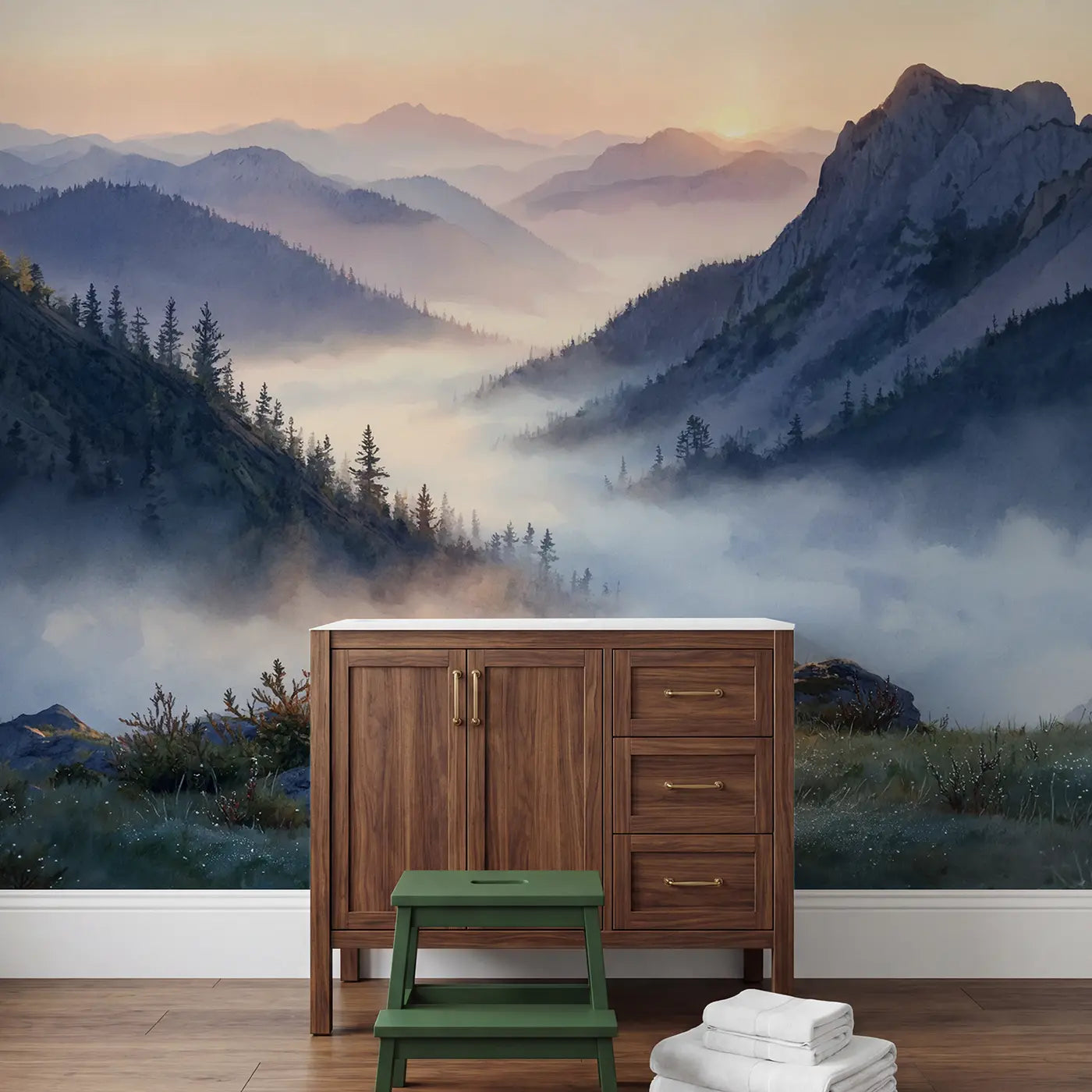 Valley Fog Mountain Dawn Wallpaper Mural in playroom setting by Whimsy Tots