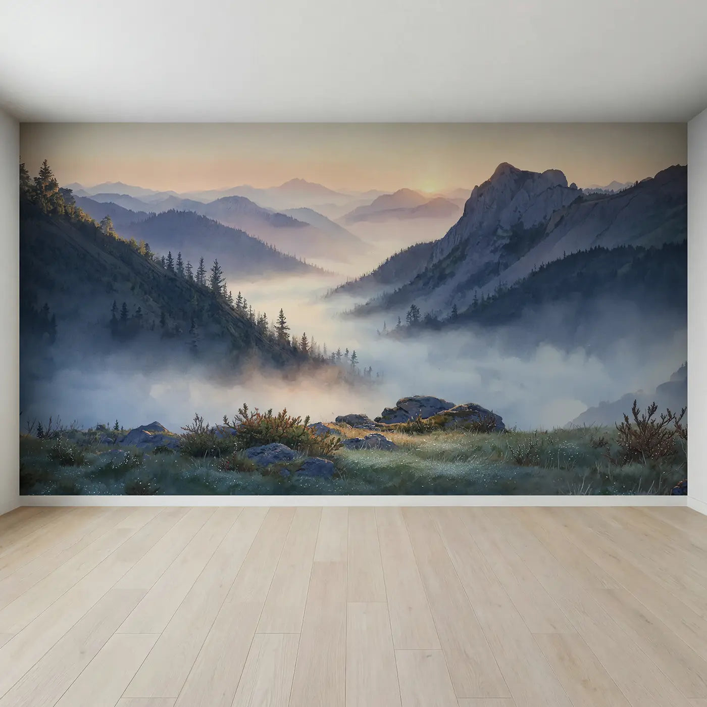 Full view of Valley Fog Mountain Dawn Wallpaper Mural by Whimsy Tots