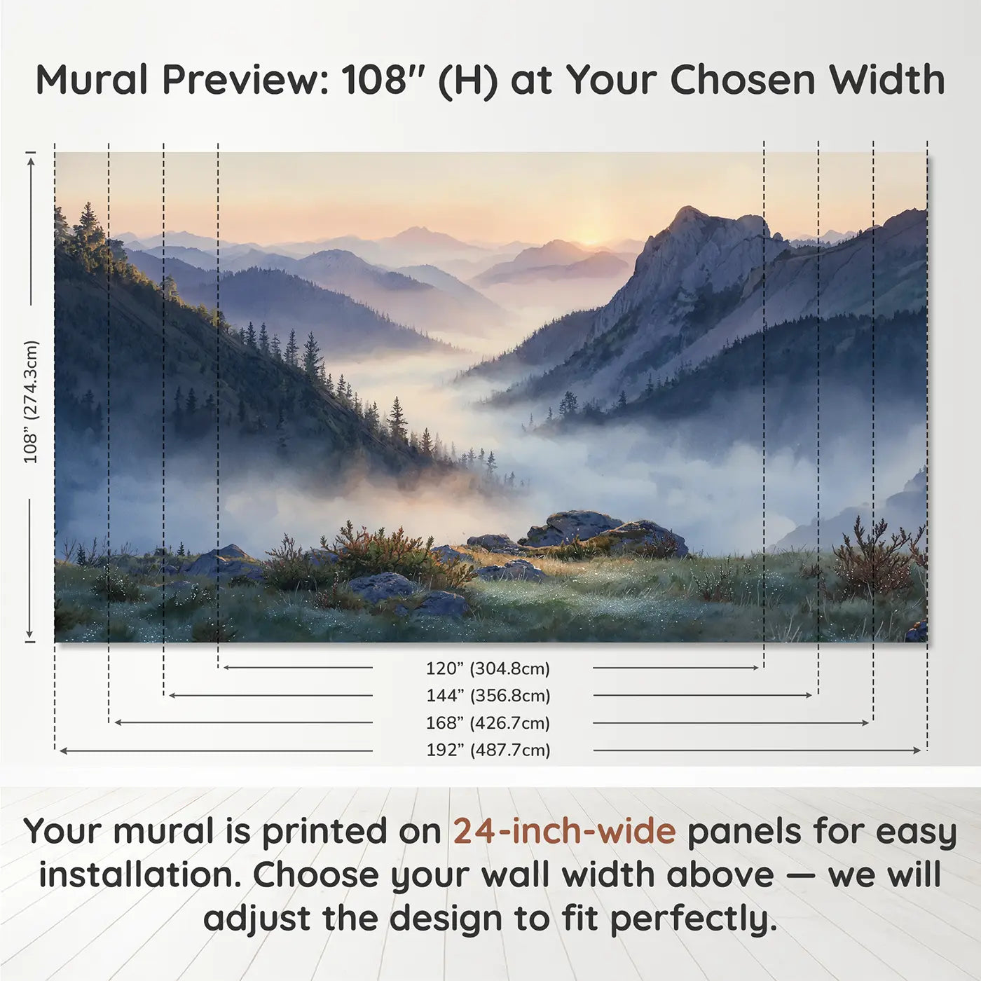 Panel layout and dimensions for Valley Fog Mountain Dawn Wallpaper Mural by Whimsy Tots