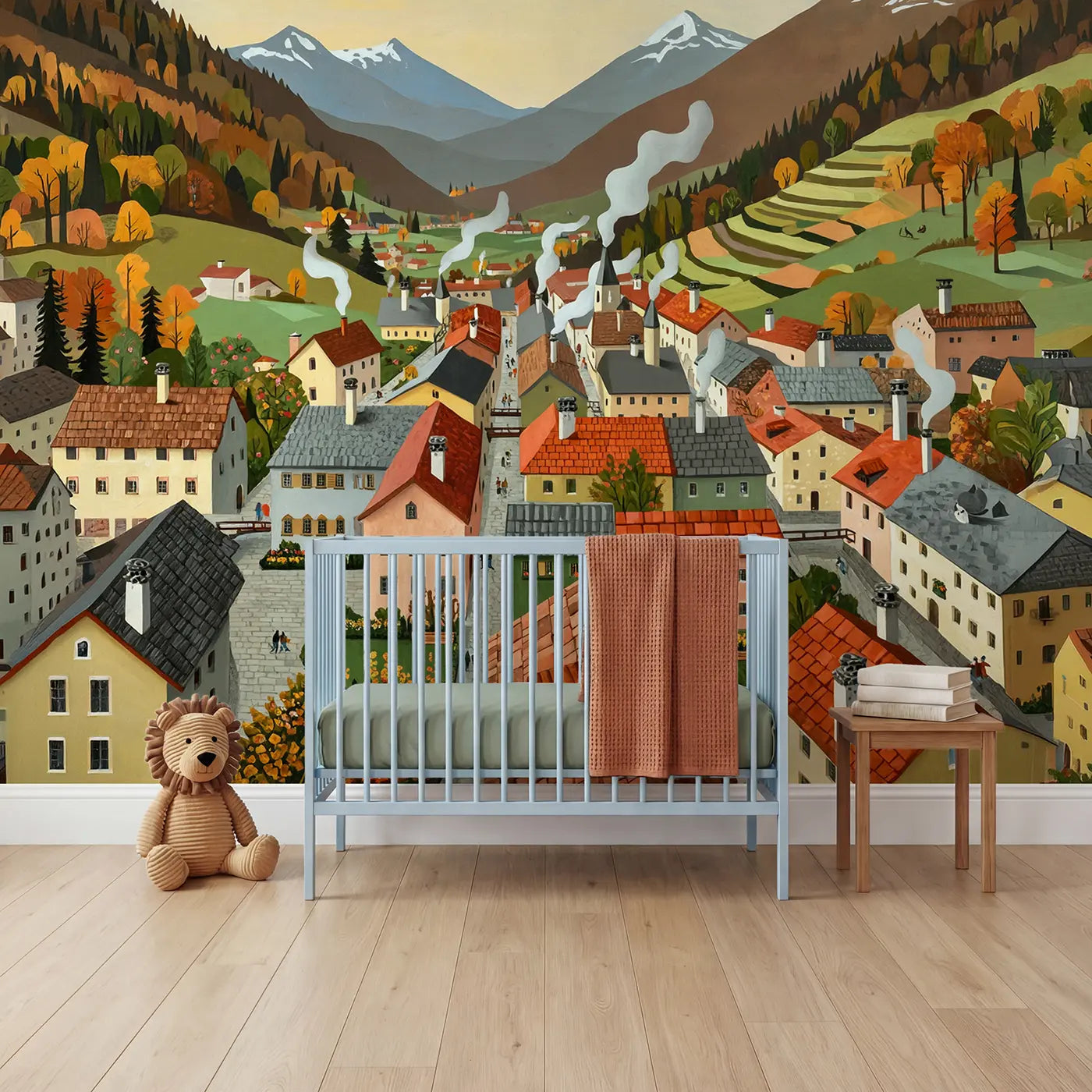 modern illustration mountain village rooftops morning mural for nursery by Whimsy Tots