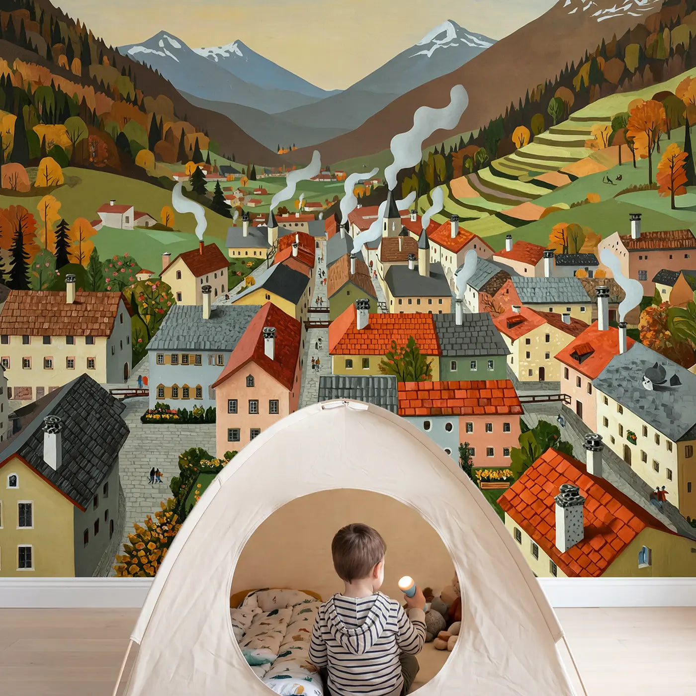 Child in nursery with Mountain Village Rooftops Morning Wallpaper Mural by Whimsy Tots