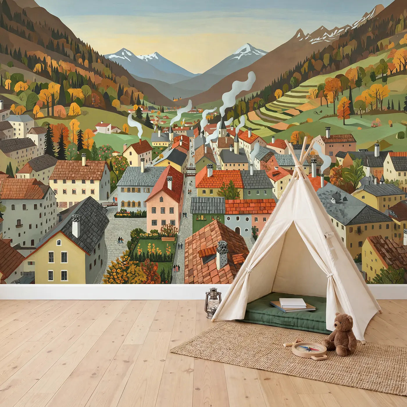 Mountain Village Rooftops Morning Wallpaper Mural in playroom setting by Whimsy Tots