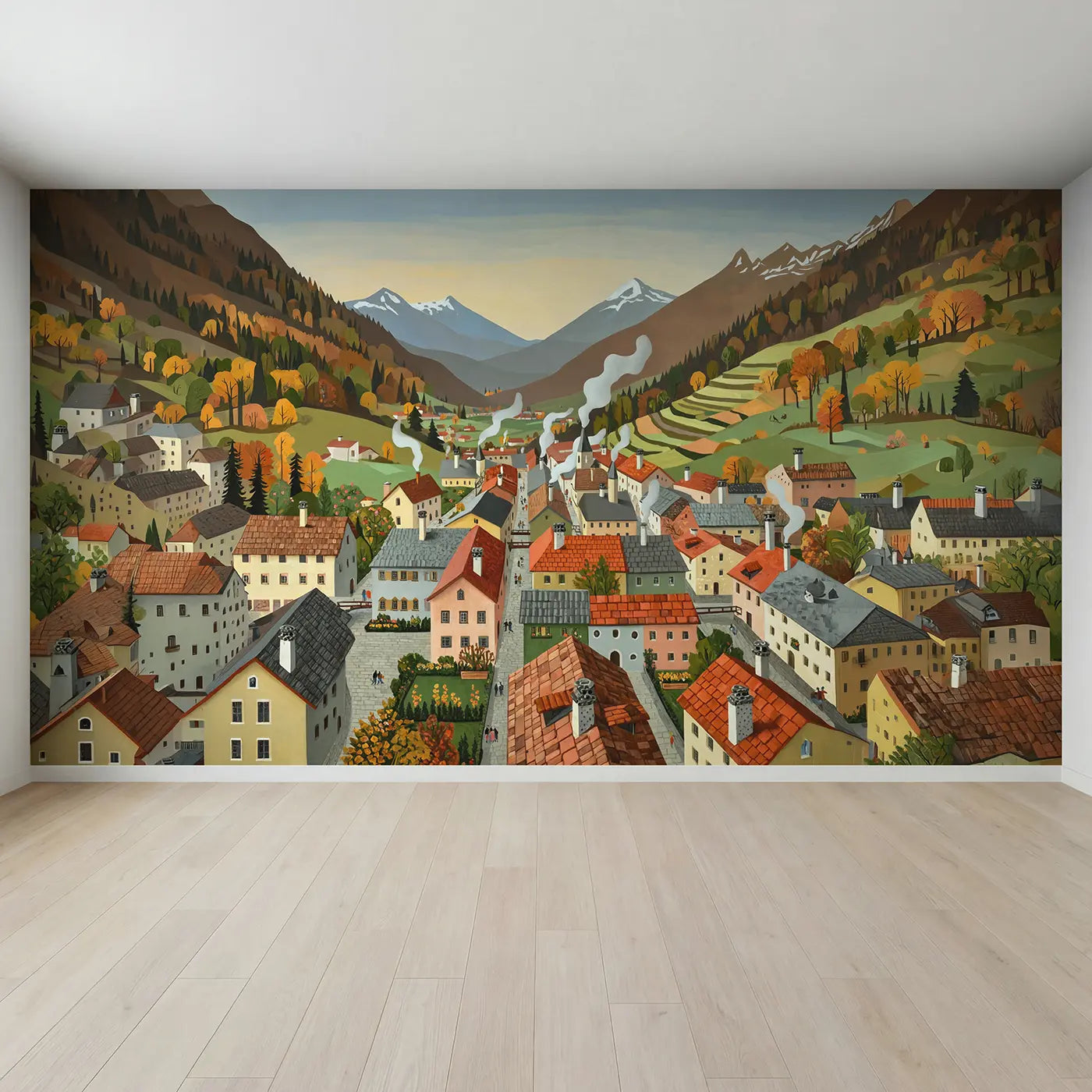 Full view of Mountain Village Rooftops Morning Wallpaper Mural by Whimsy Tots