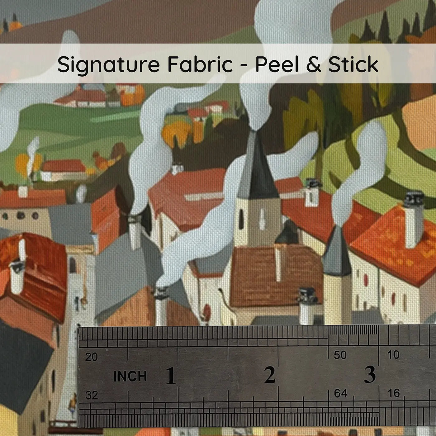 Fabric texture close-up of Mountain Village Rooftops Morning Wallpaper Mural by Whimsy Tots