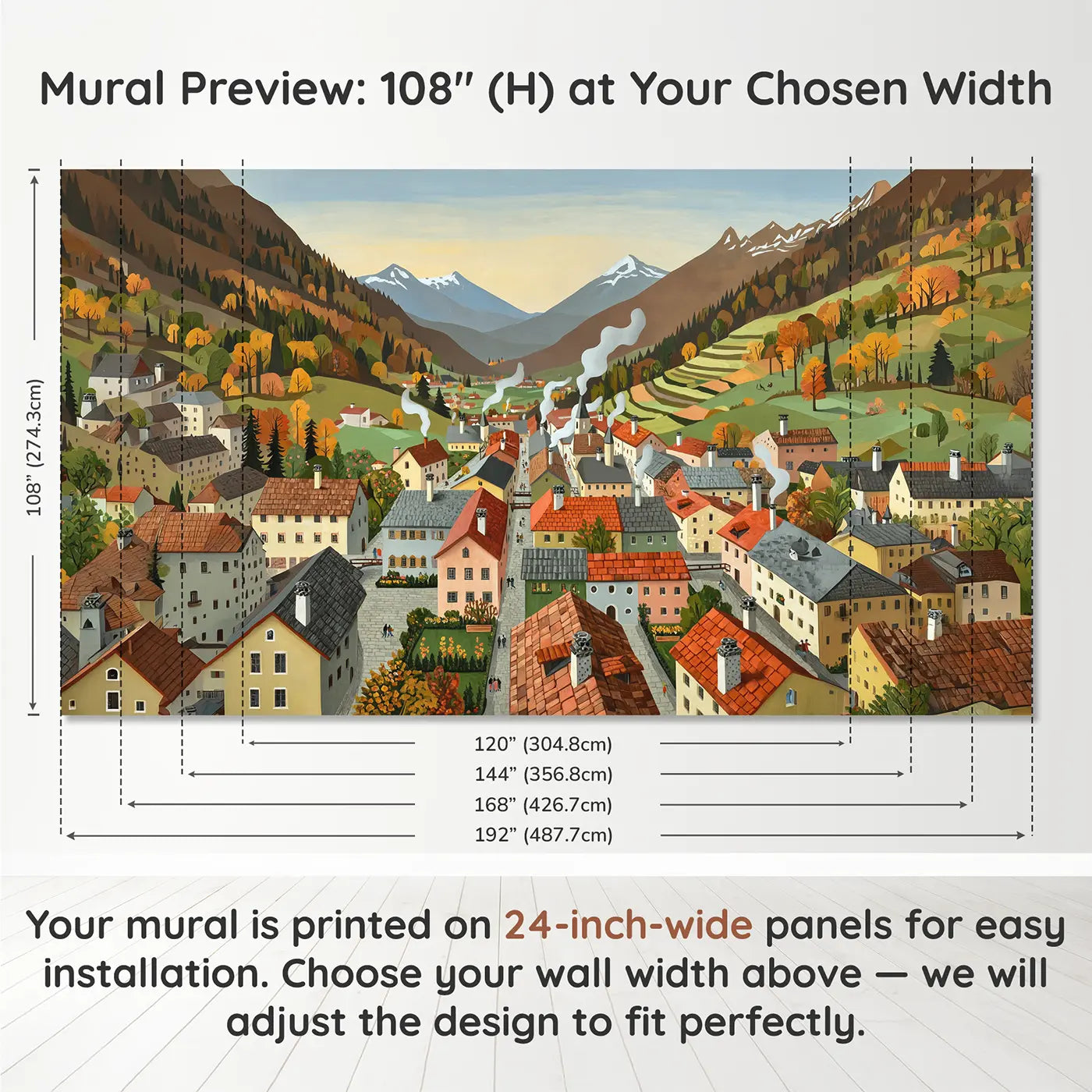 Panel layout and dimensions for Mountain Village Rooftops Morning Wallpaper Mural by Whimsy Tots