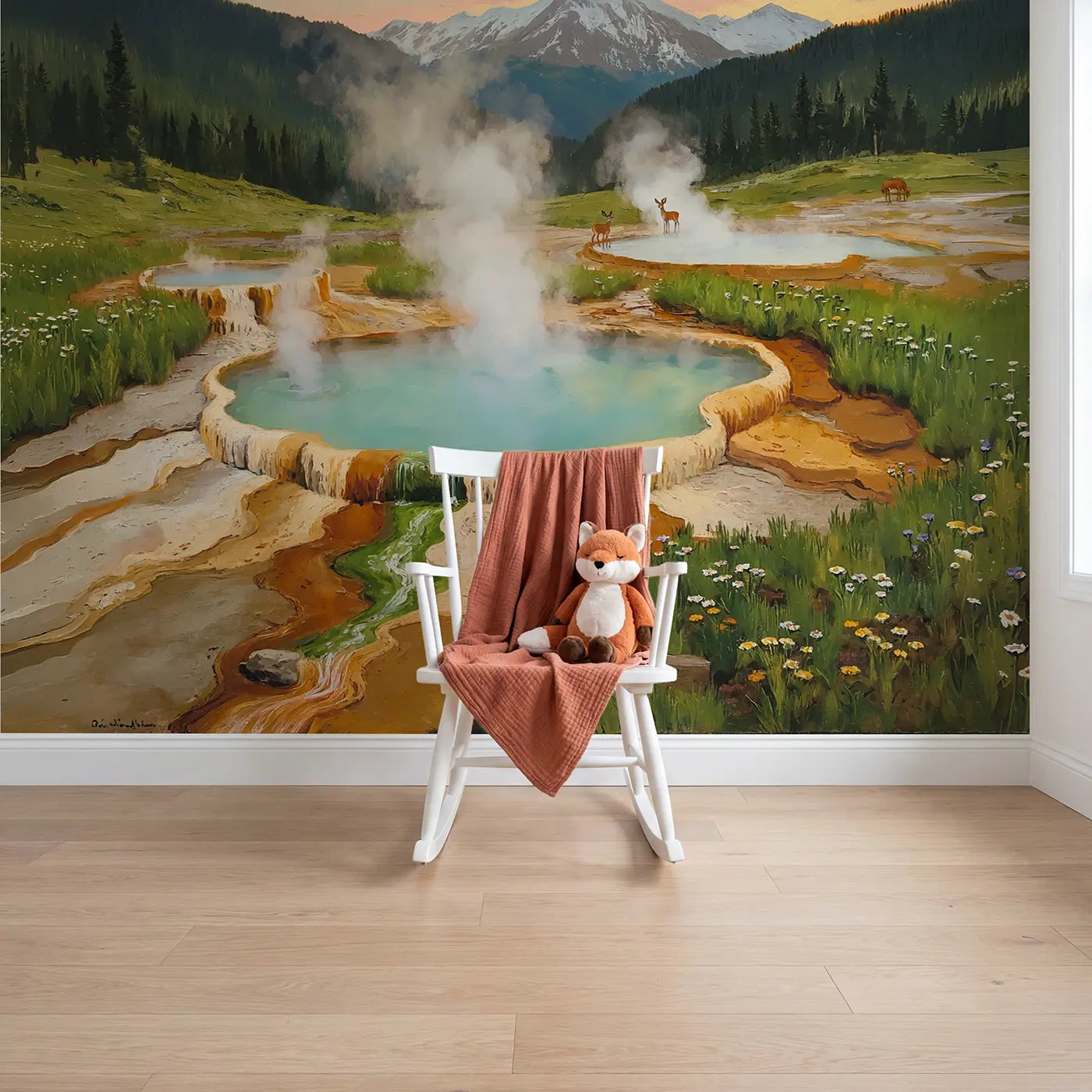 Painted landscape mountain hot springs wallpaper mural for girls room by Whimsy Tots