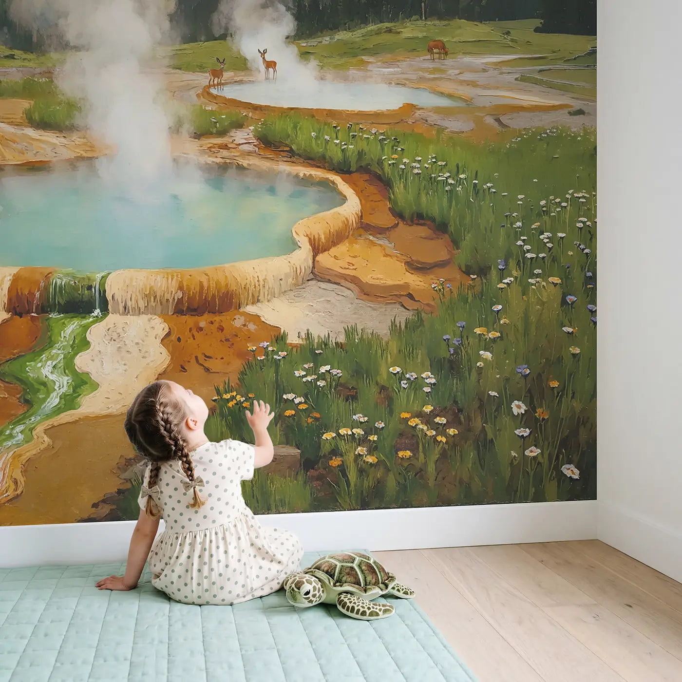 Child in nursery with Mountain Hot Spring Valley Wallpaper Mural by Whimsy Tots