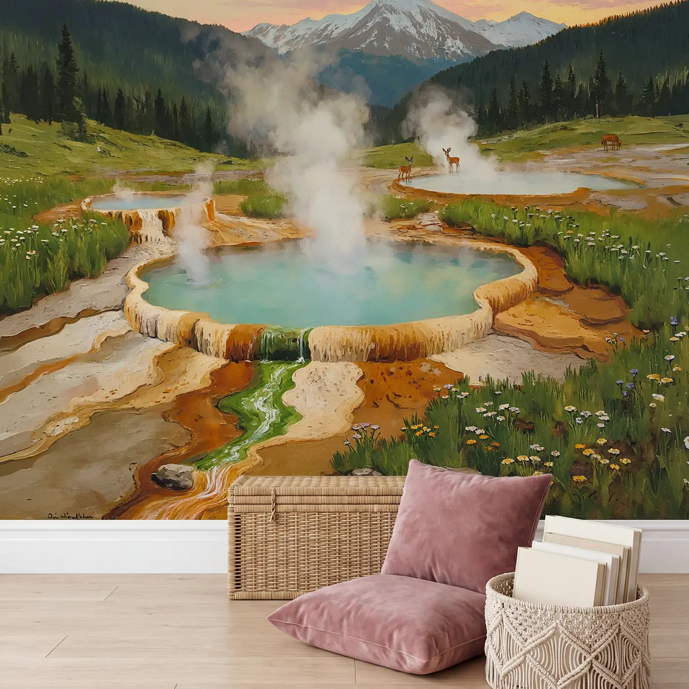 Mountain Hot Spring Valley Wallpaper Mural in playroom setting by Whimsy Tots