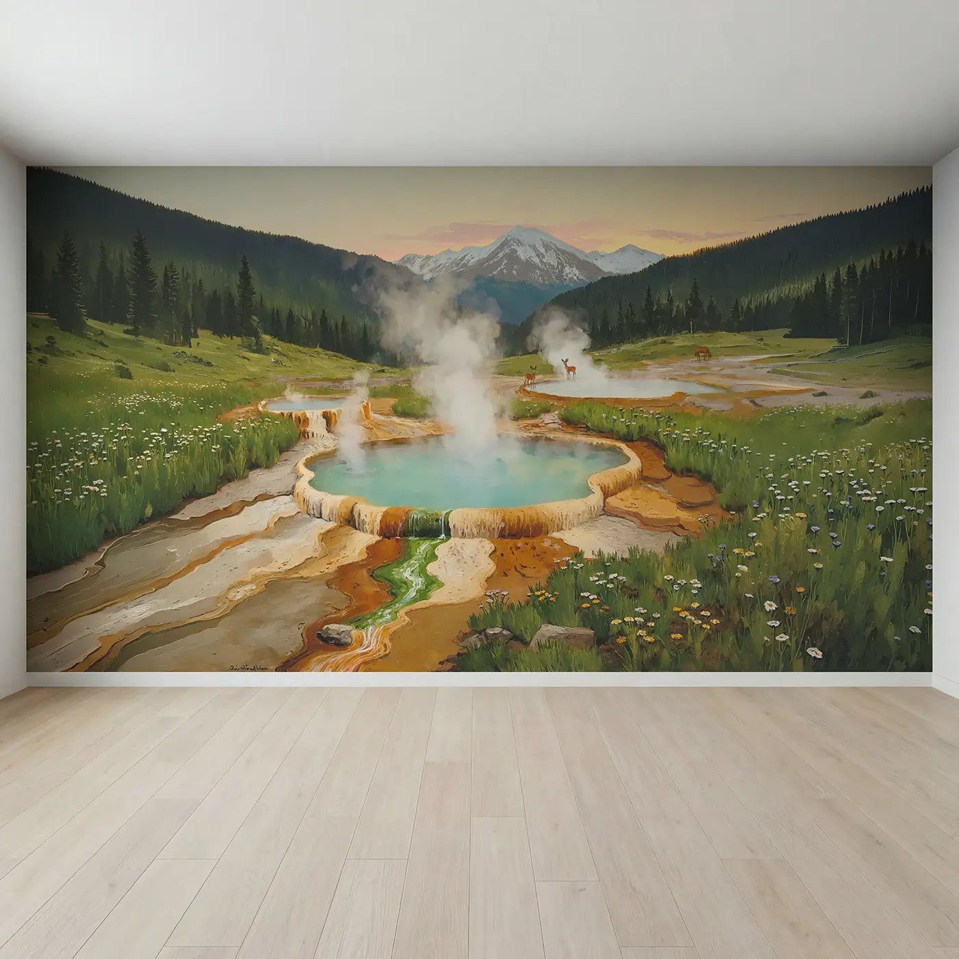 Full view of Mountain Hot Spring Valley Wallpaper Mural by Whimsy Tots