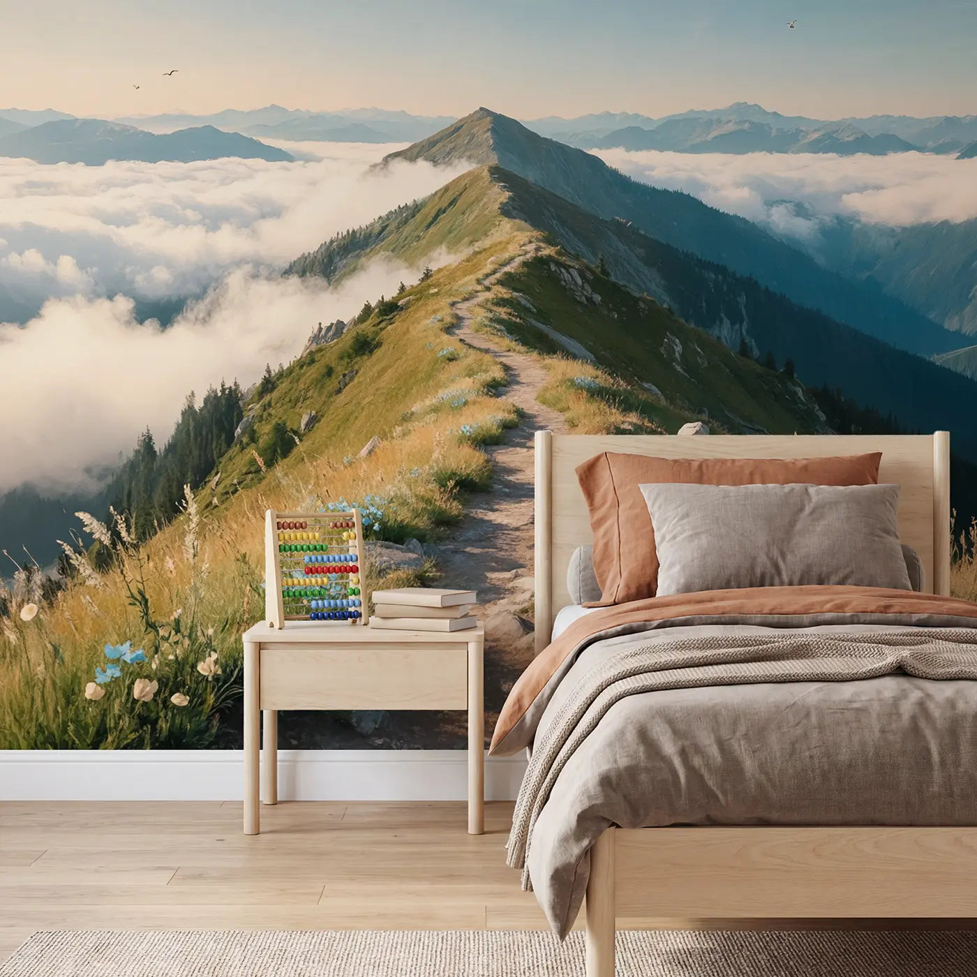Soft Pastel sky ridge mountain walk wallpaper mural for kids room by Whimsy Tots