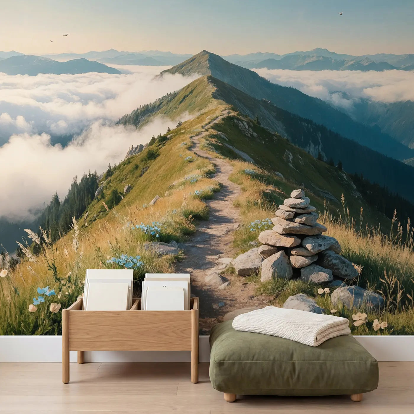 Sky Ridge Mountain Walk Wallpaper Mural in playroom setting by Whimsy Tots