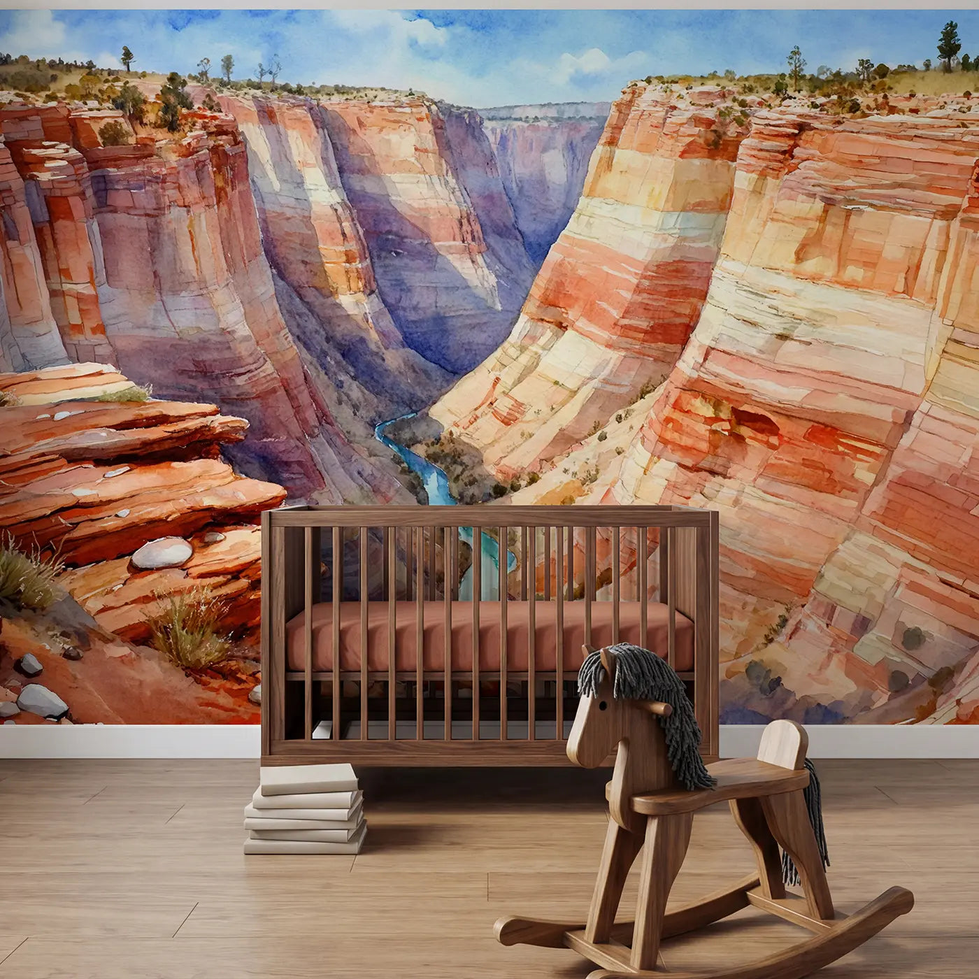 Watercolor painted canyon river gorge wallpaper mural for kids room by Whimsy Tots
