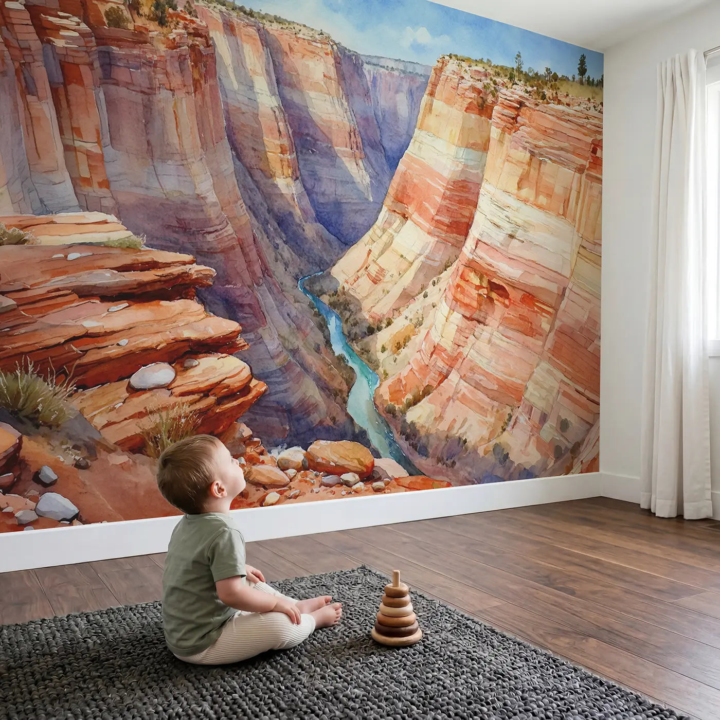 Child in nursery with Painted Canyon Walls Wallpaper Mural by Whimsy Tots