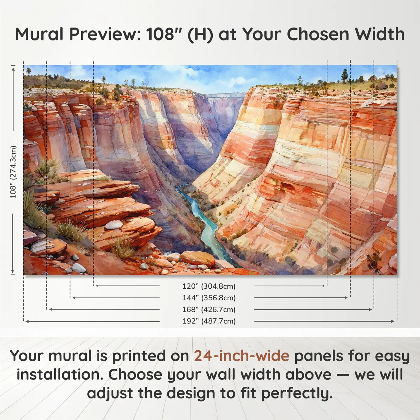 Panel layout and dimensions for Painted Canyon Walls Wallpaper Mural by Whimsy Tots