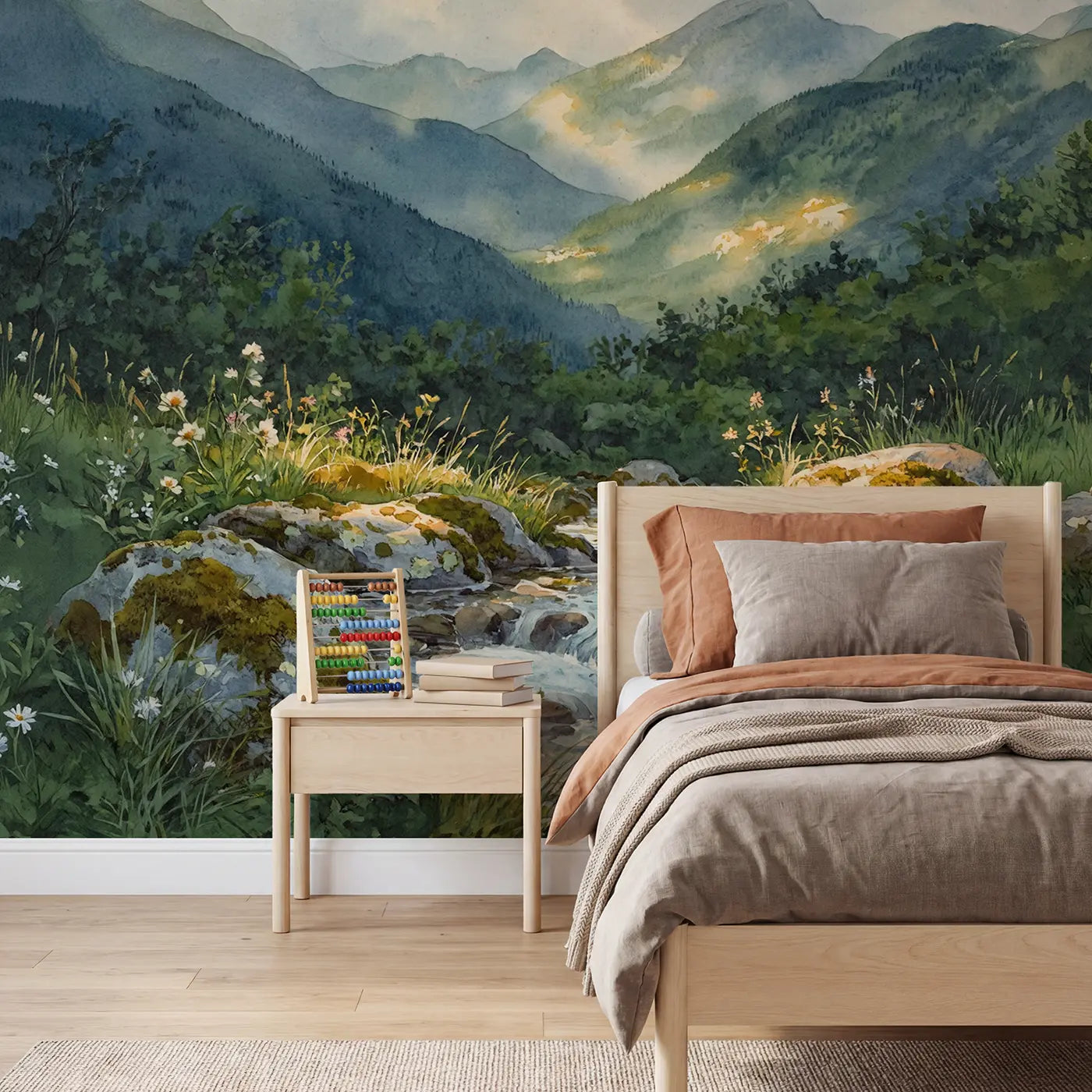 watercolor mountain stream moss wallpaper mural for kids room by Whimsy Tots