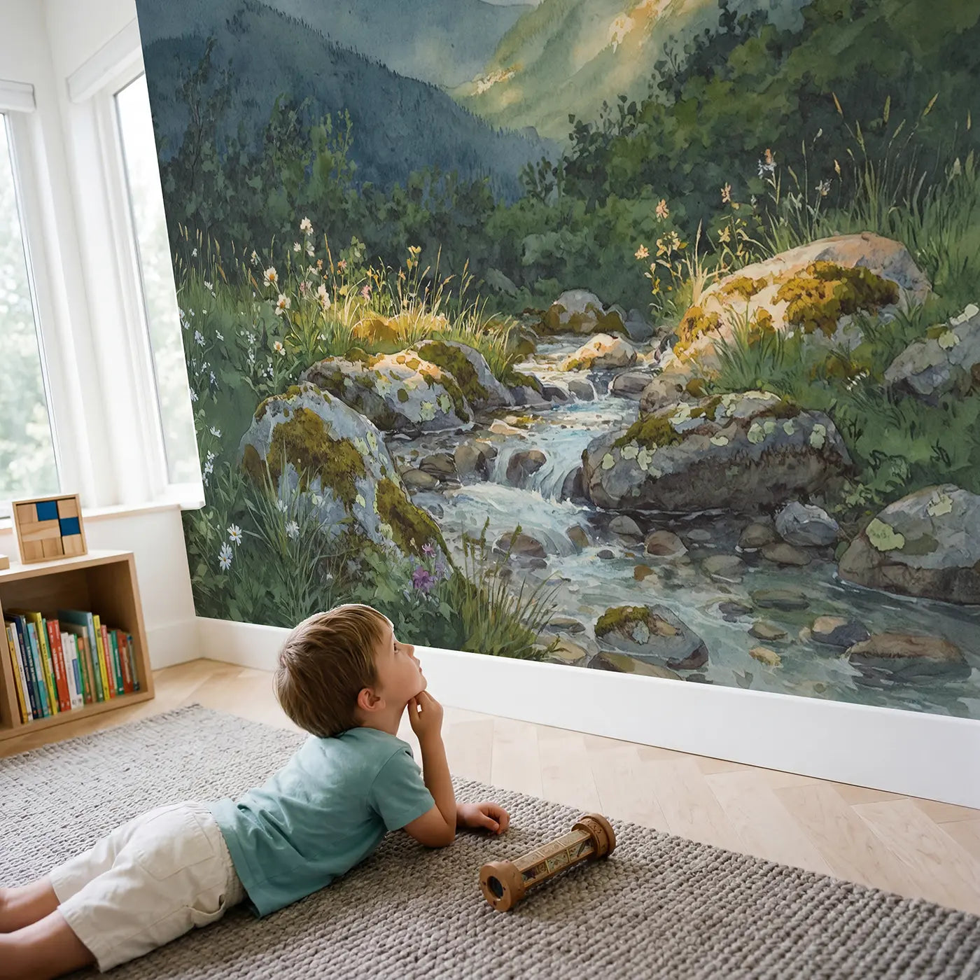 Child in nursery with Mountain Stream Closeup Moss Wallpaper Mural by Whimsy Tots