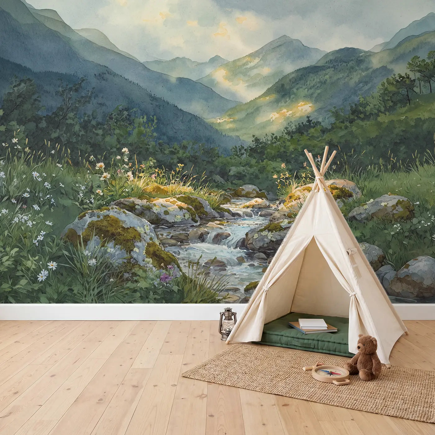 Mountain Stream Closeup Moss Wallpaper Mural in playroom setting by Whimsy Tots