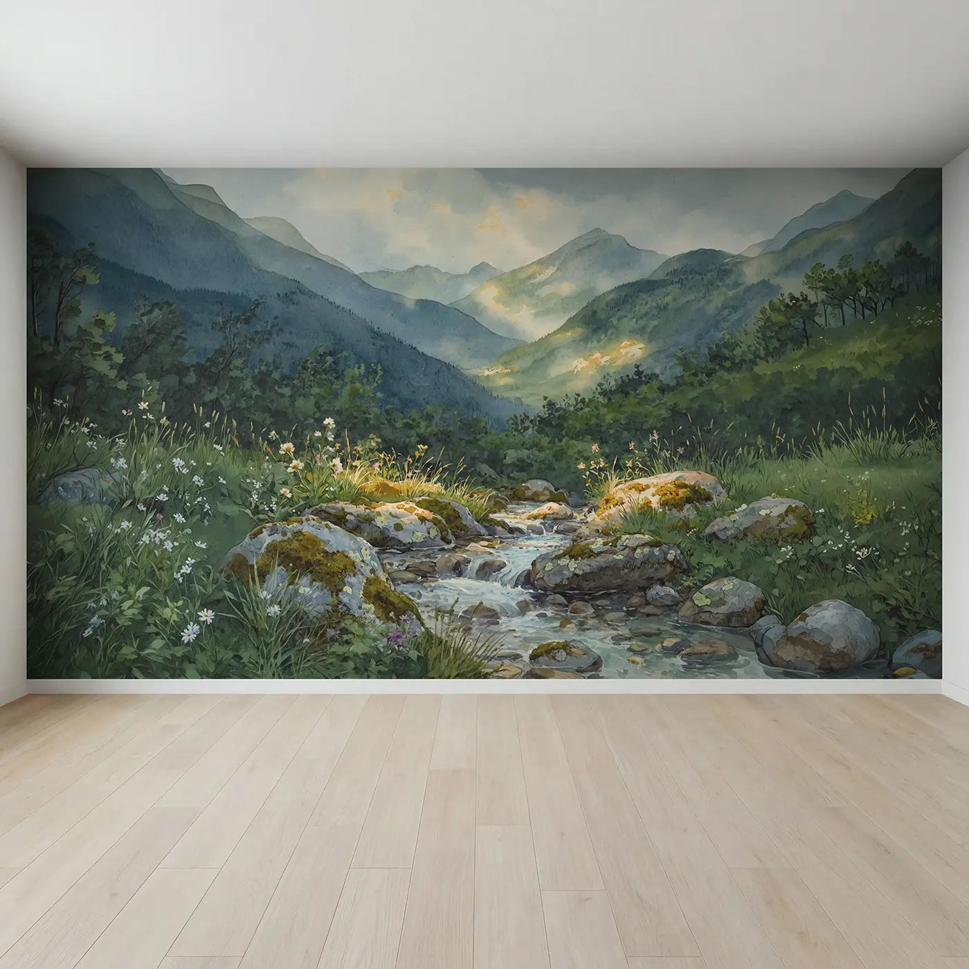 Full view of Mountain Stream Closeup Moss Wallpaper Mural by Whimsy Tots